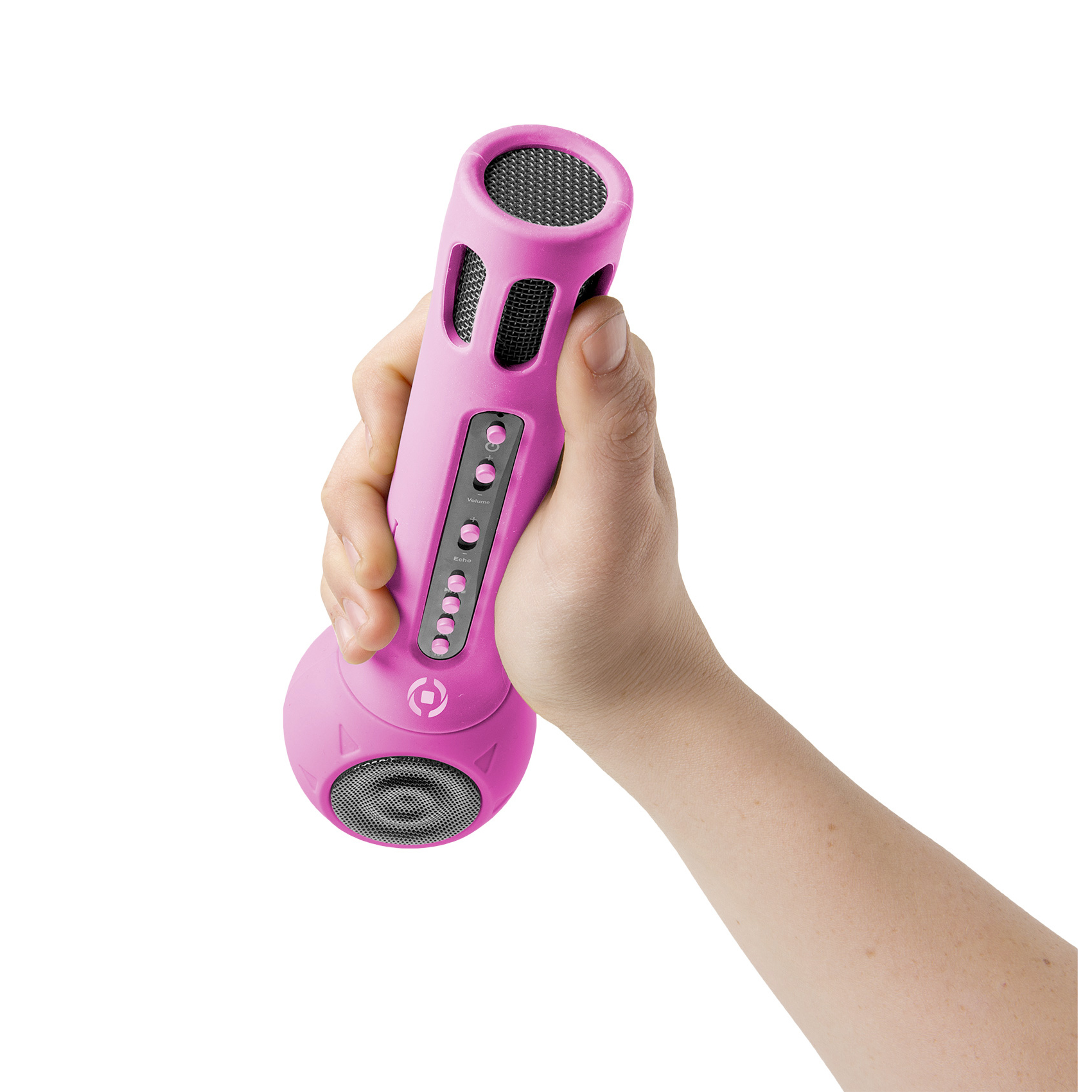 Eine Hand hält ein rosa Mikrofon. Das Mikrofon hat Lautsprecherabdeckungen aus Netz und Steuertasten. Weißer Hintergrund.
