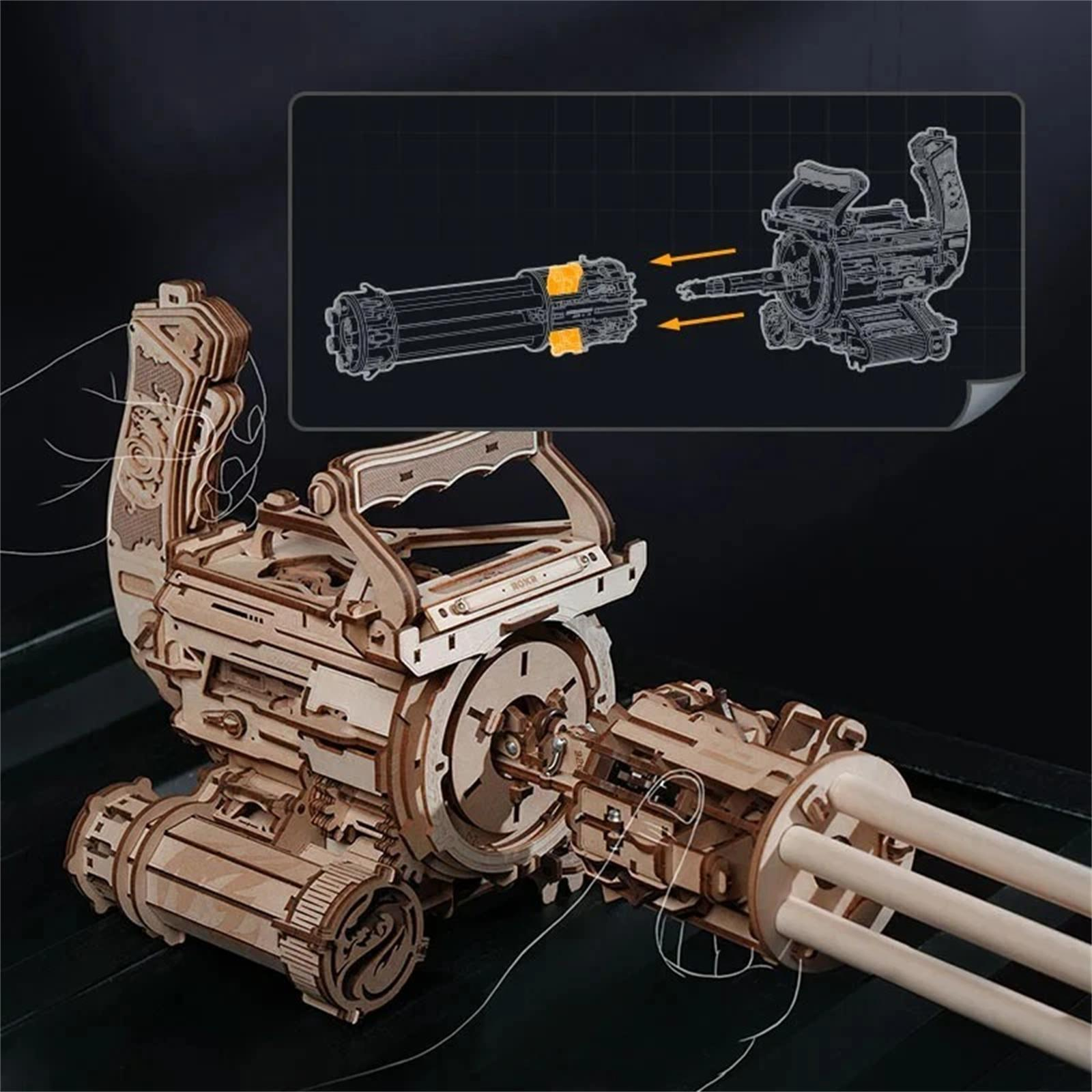 Ein Holzmodell einer Gatling-Kanone wird gezeigt. Eine Explosionsansicht zeigt die Montage der Teile.