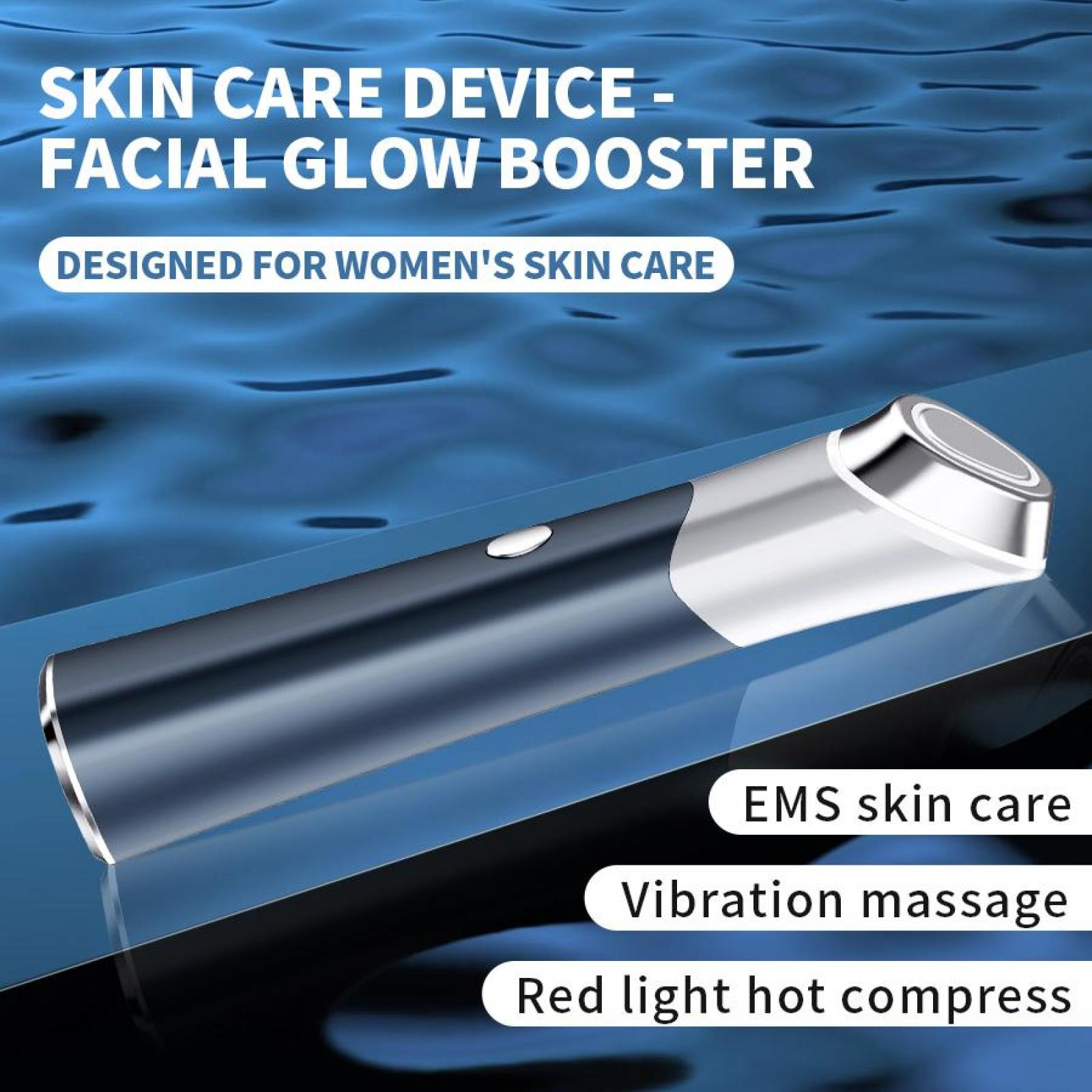 Ein Hautpflegegerät mit Text 'Facial Glow Booster'. Merkmale sind EMS-Hautpflege, Vibrationsmassage und Rotlicht-Heißkompresse.