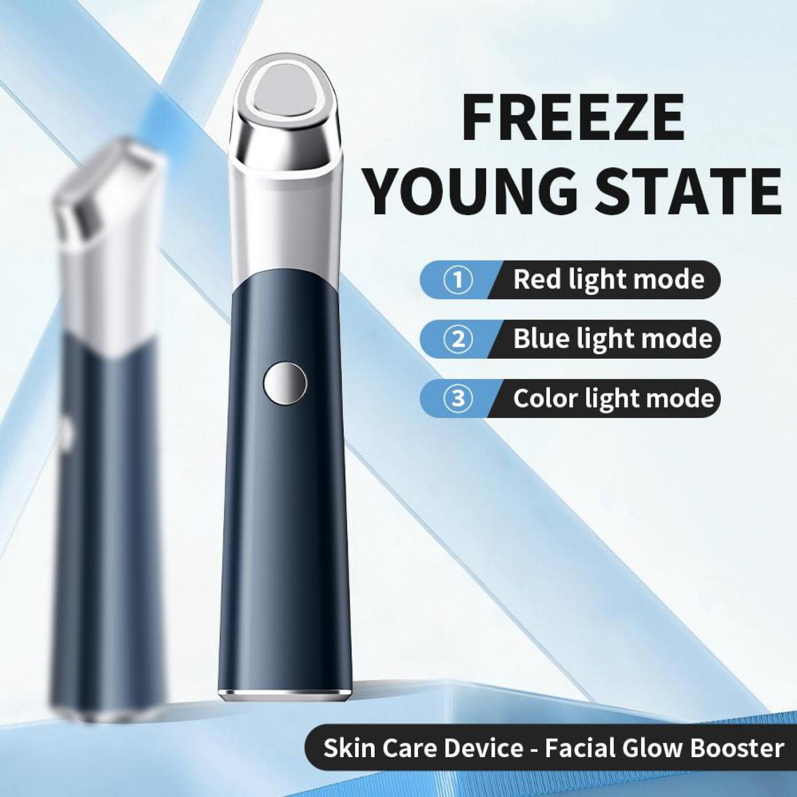 Ein Hautpflegegerät mit roten, blauen und Farblichtmodi wird gezeigt. Der Text lautet "FREEZE YOUNG STATE".