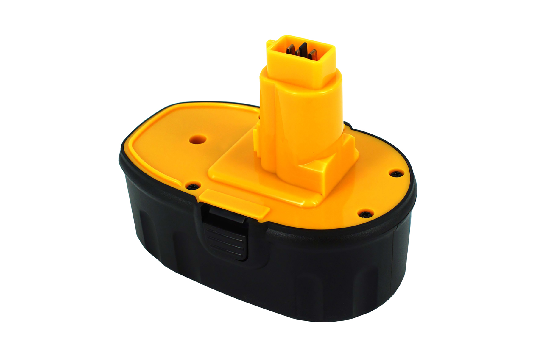 Una batteria gialla e nera per utensili elettrici. La parte superiore è gialla con un connettore. Il corpo è nero.