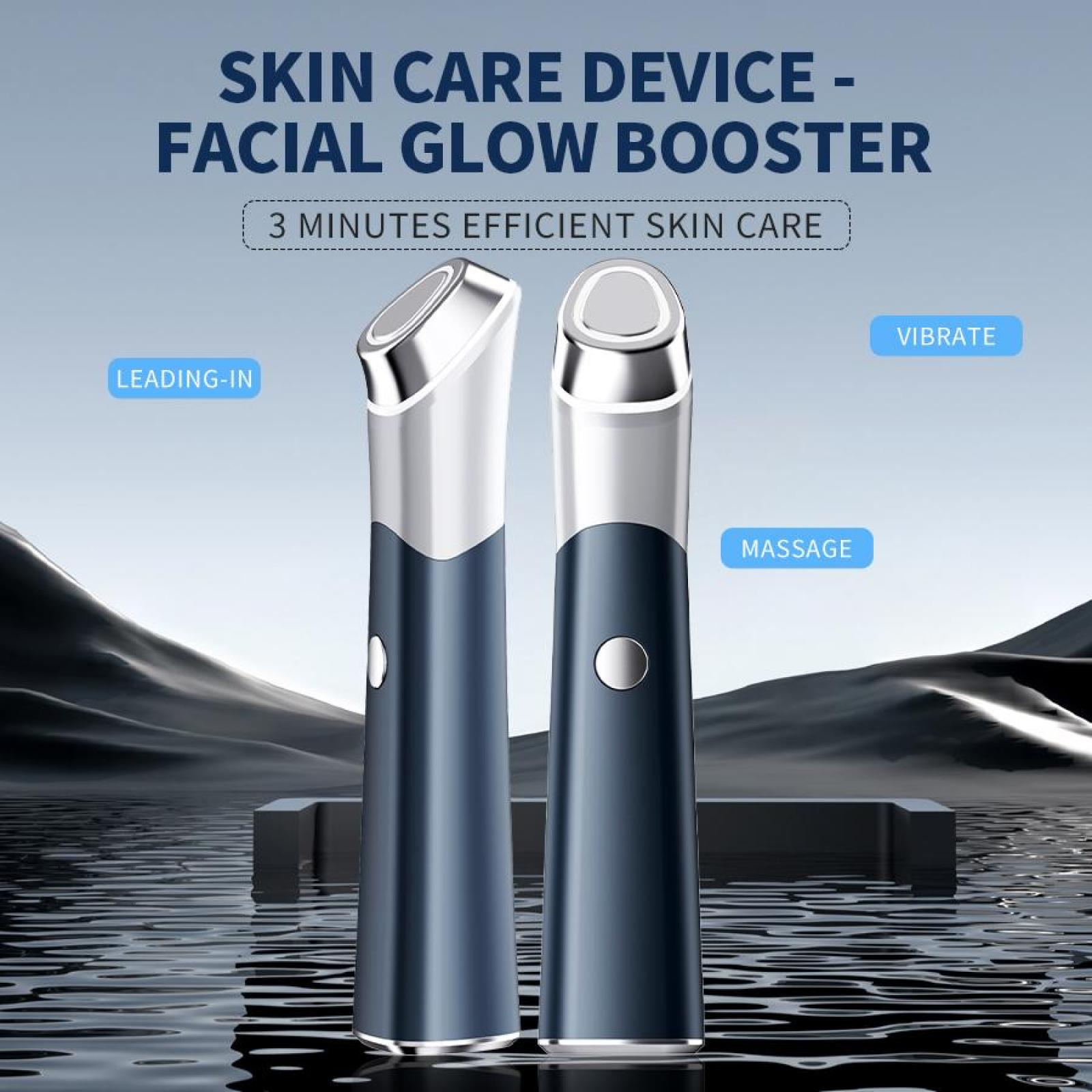 Zwei Gesichts-Glow-Booster. Sie haben silberne Oberteile und dunkelblaue Körper. Der Hintergrund ist eine künstlerische Wasserszene.