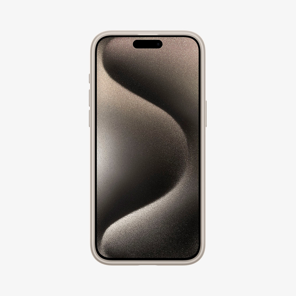 Een smartphone met een scherm dat een getextureerd, gebogen ontwerp in grijstinten toont. De telefoon zit in een lichtgekleurde case.