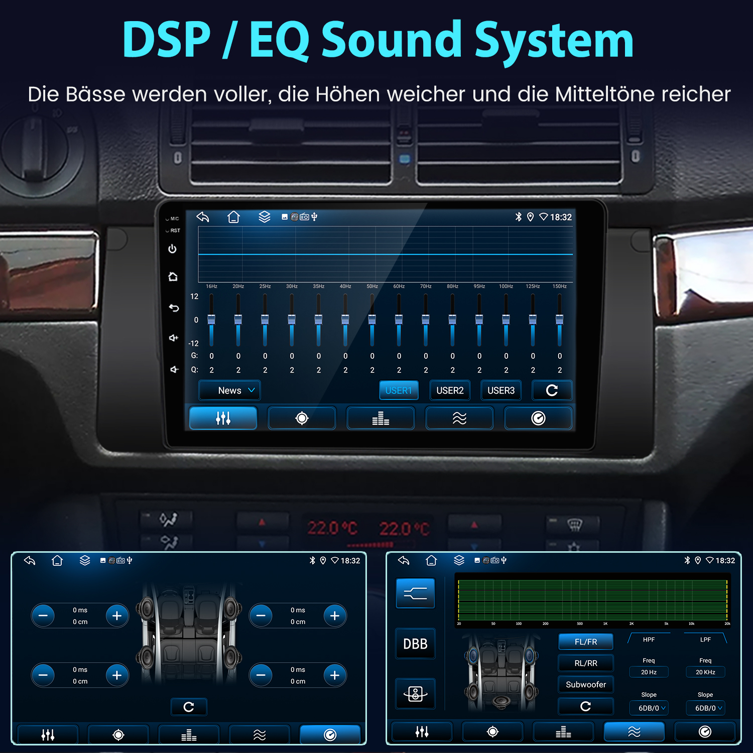 Auto-Radio-Schnittstelle mit EQ-Einstellungen. Zeigt Frequenzbänder, Lautstärkeregler und eine Lautsprechergrafik.