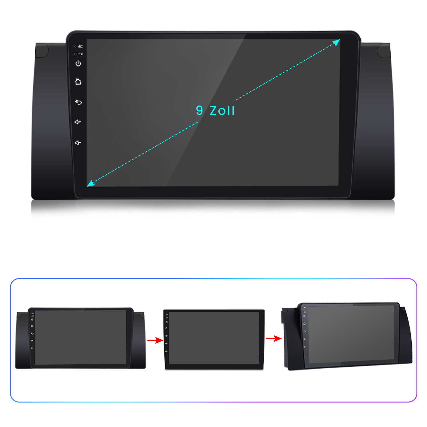 Ein schwarzes Autoradio mit einem 9-Zoll-Bildschirm und einer blauen Diagonallinie, mit einer Installationssequenz.