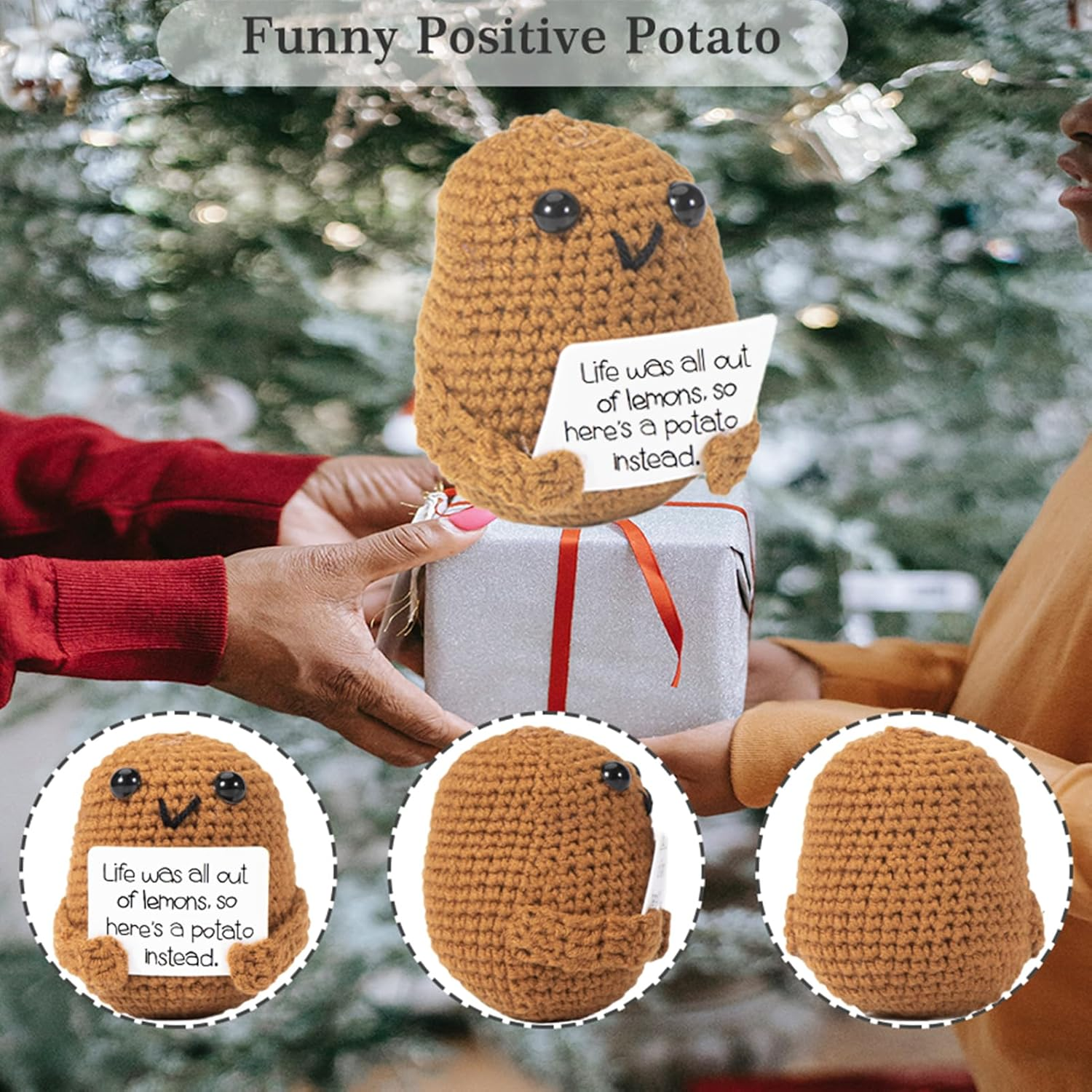 Eine gehäkelte Kartoffel, die ein Schild mit der Aufschrift 'Life was all out of lemons, so here's a potato instead' hält, auf einem Geschenk.