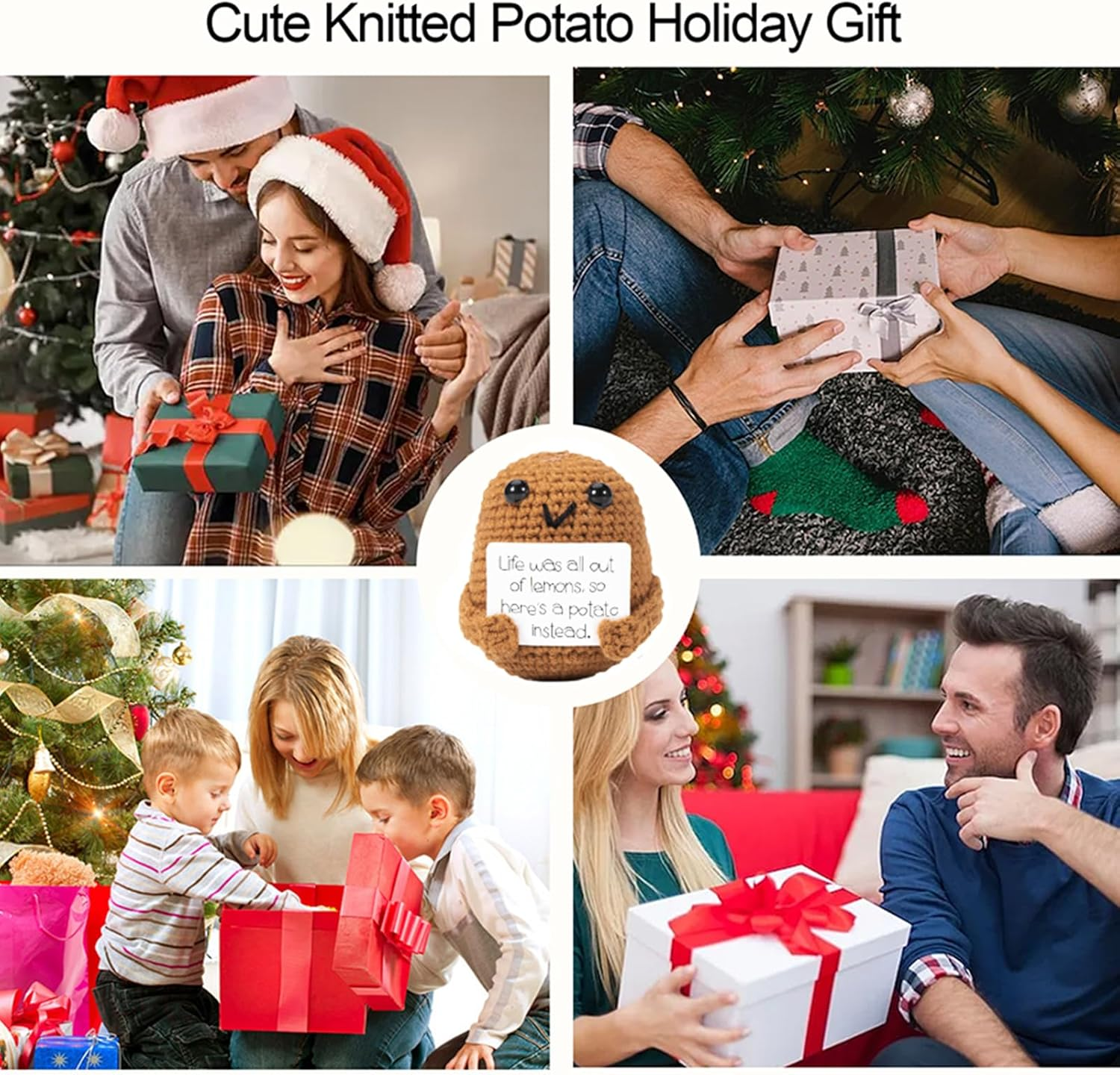 Die Collage zeigt Szenen des Schenkens mit einem gestrickten Kartoffelspielzeug. Menschen mit Weihnachtsmützen und beim Geschenkeauspacken.