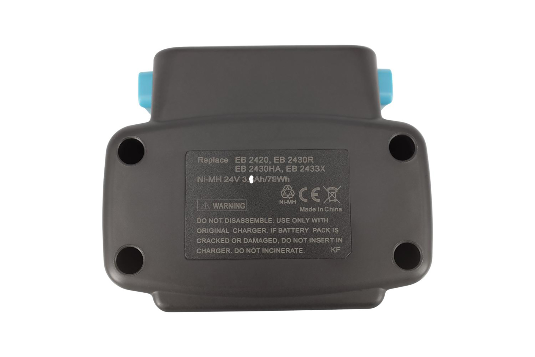 Un pacco batteria grigio con un'etichetta con avvertenze. Ha elementi circolari neri ed elementi blu.