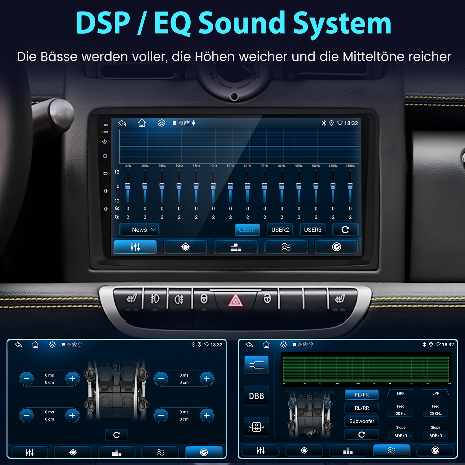 System audio w samochodzie pokazujący ustawienia korektora i elementy sterujące głośnikami i subwooferem. Ekran wyświetla ustawienia częstotliwości.