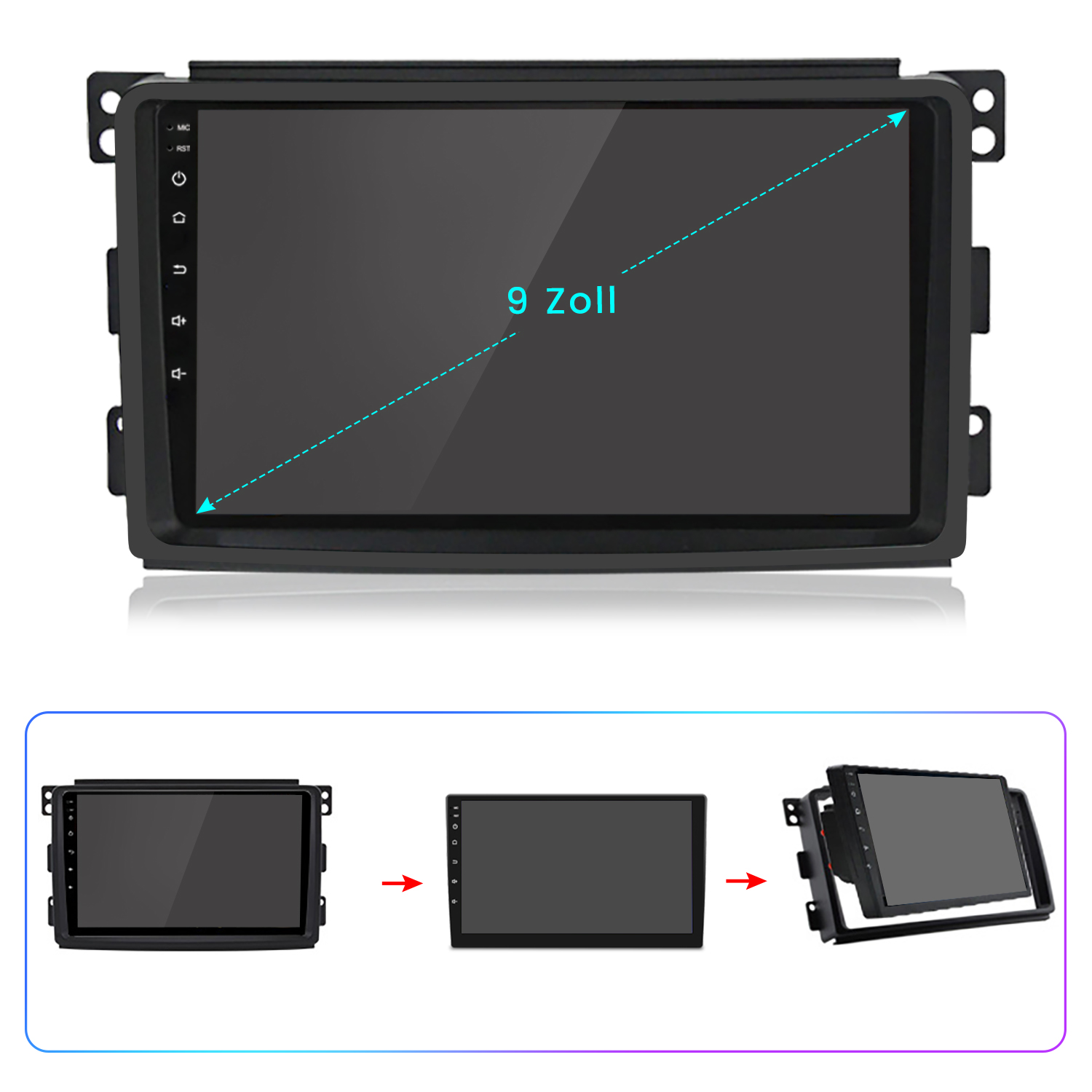 Ein Auto-Multimedia-System mit 9-Zoll-Bildschirm, schwarzer Rahmen, Knöpfe links.