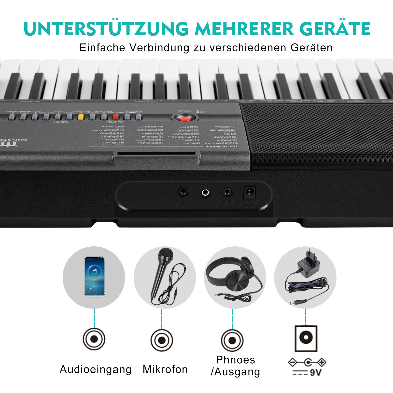 Eine Tastatur mit weißen und schwarzen Tasten. Unten befinden sich Symbole für Audioeingang, Mikrofon, Kopfhörer und Netzteil.