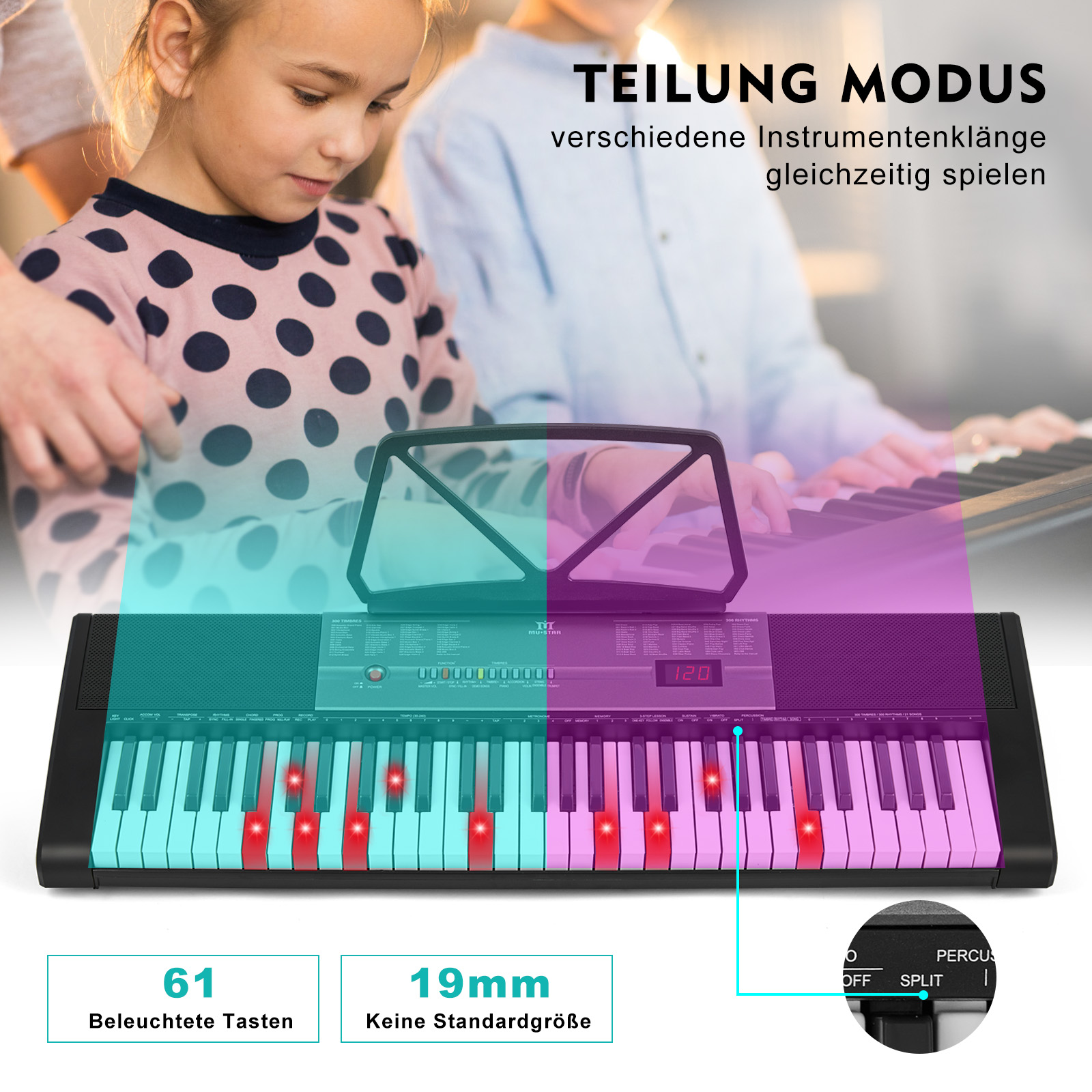 Zwei Kinder spielen Keyboard. Die Keyboardtasten haben rote Lichter. Text: 'TEILUNG MODUS', '61 beleuchtete Tasten' und '19mm Keine Standardgröße'.