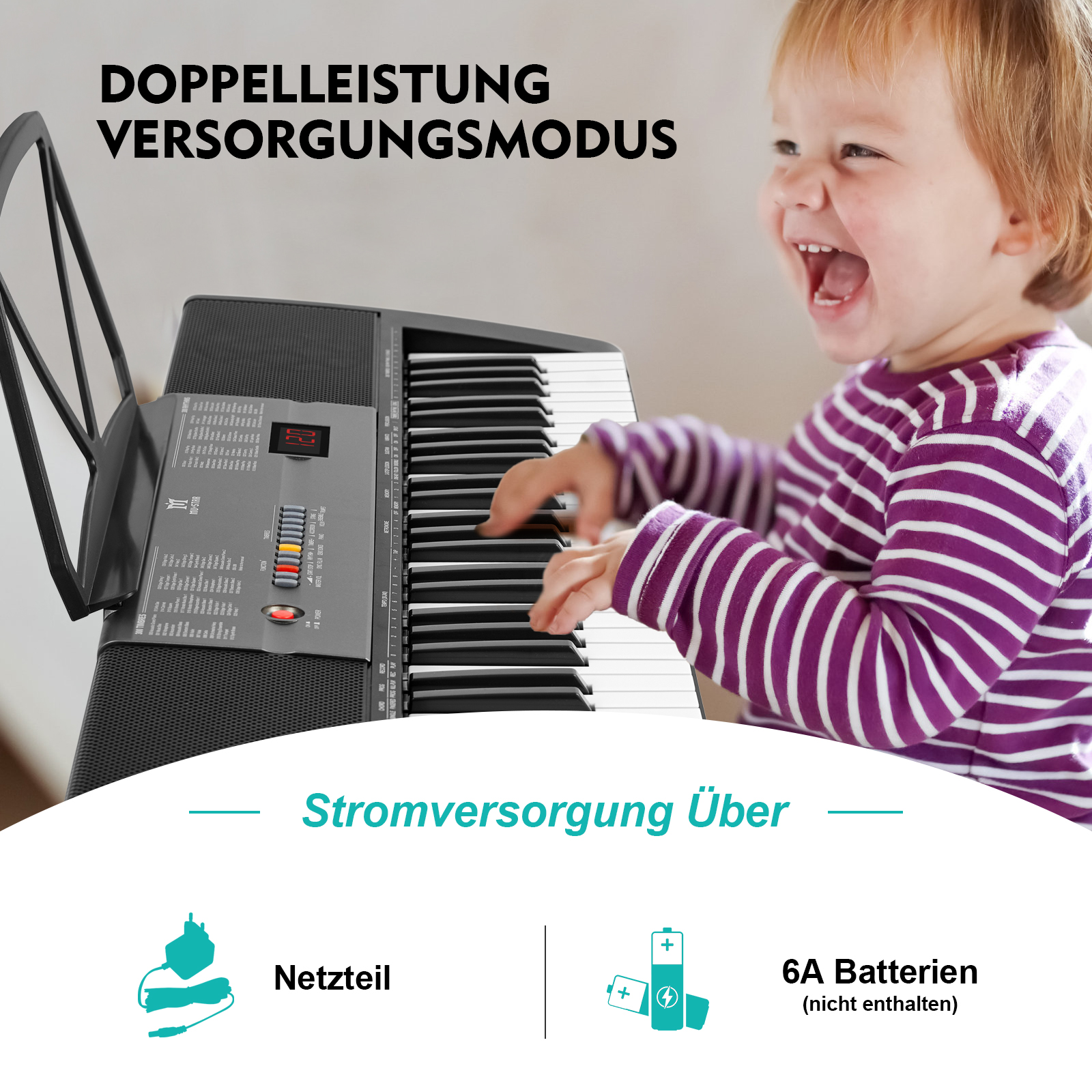 Ein Kind in einem gestreiften Hemd spielt ein Keyboard. Text sagt 'Doppelleistung' und 'Stromversorgung'. Stromversorgungsoptionen: Adapter und 6A-Batterien.
