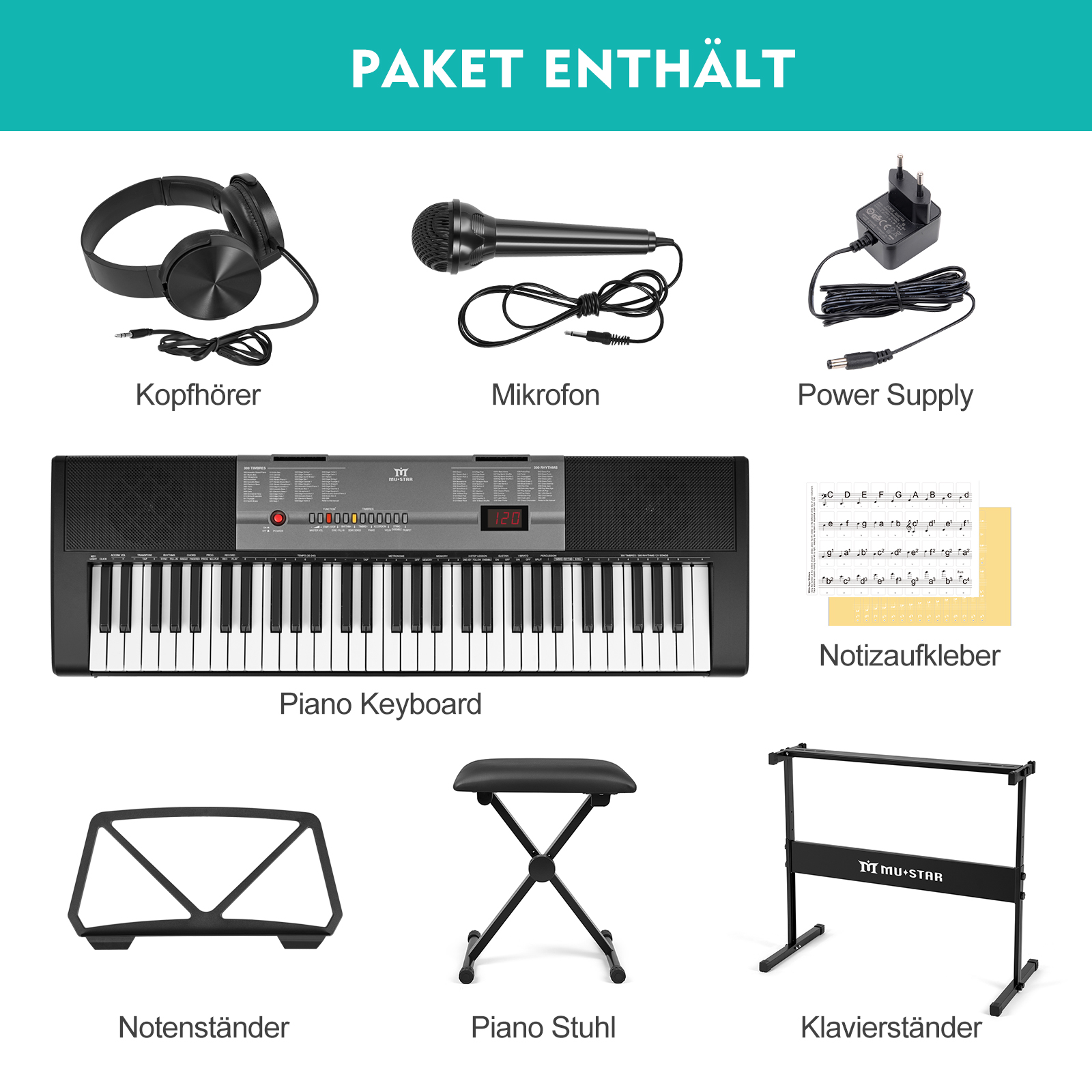 Ein Paket mit Klaviatur, Mikrofon, Kopfhörern, Netzteil, Notenständer, Klavierhocker und Keyboardständer.
