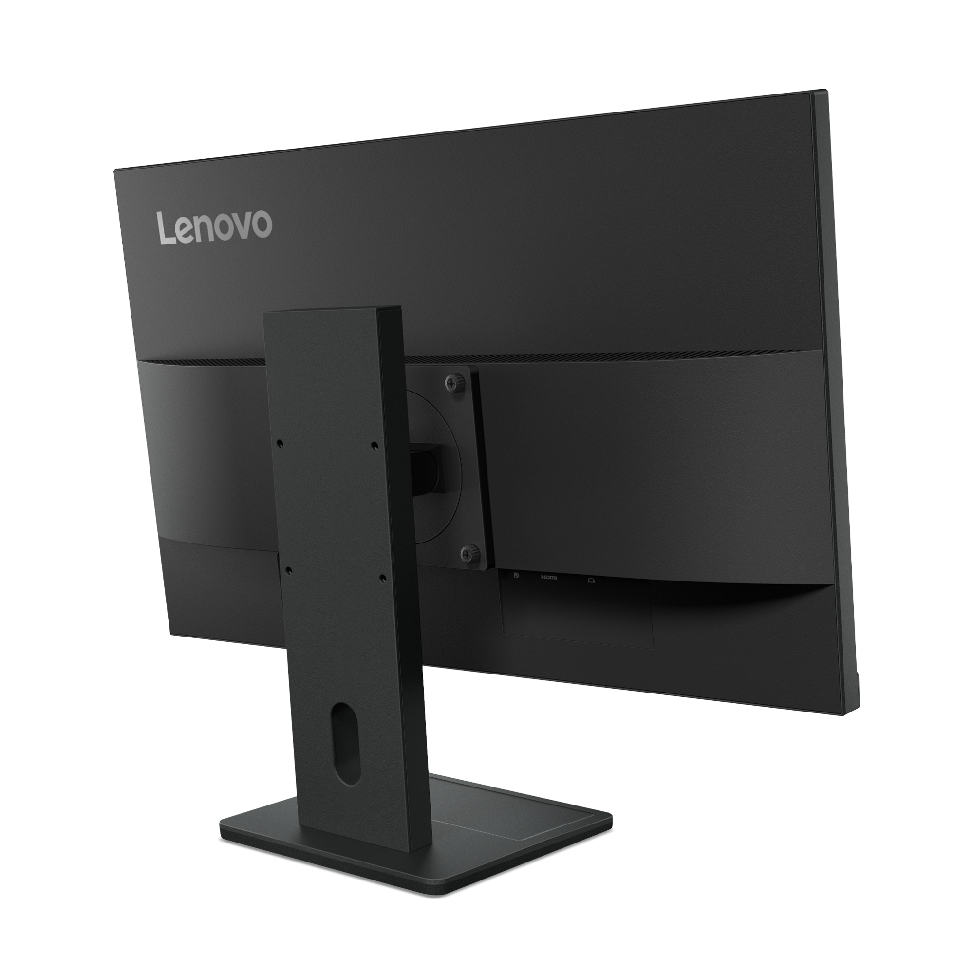 Widok z tyłu czarnego monitora Lenovo. Stojak i podstawa są czarne. Widoczne jest logo Lenovo.