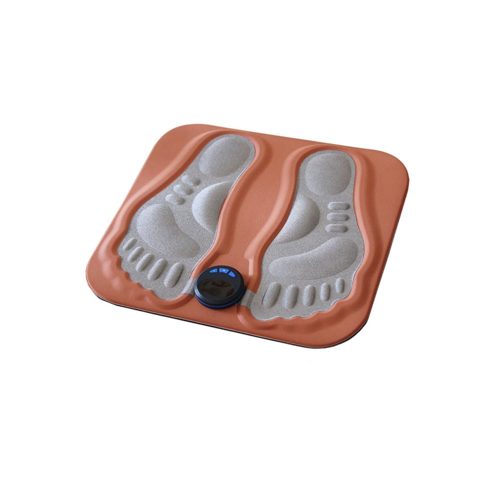 Fußmassagegerät. Oranger Sockel mit zwei fußförmigen Pads in Grau. In der Mitte des Geräts befindet sich ein schwarzes Bedienfeld.