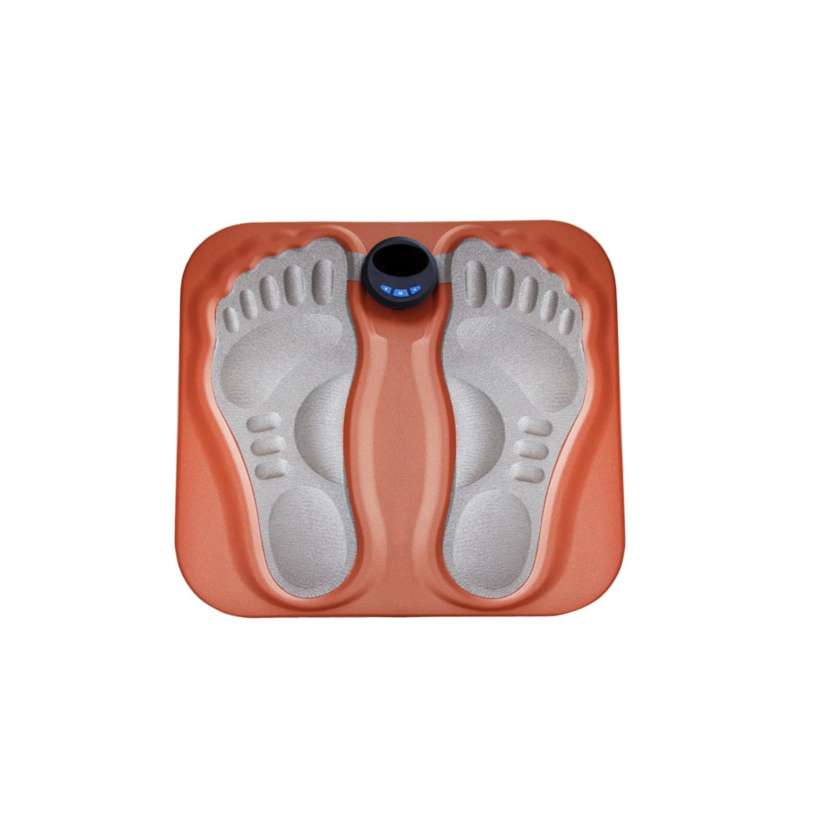 Orangener Fußmassager mit zwei Fußabdrücken, einem Bedienfeld und weißem Hintergrund.