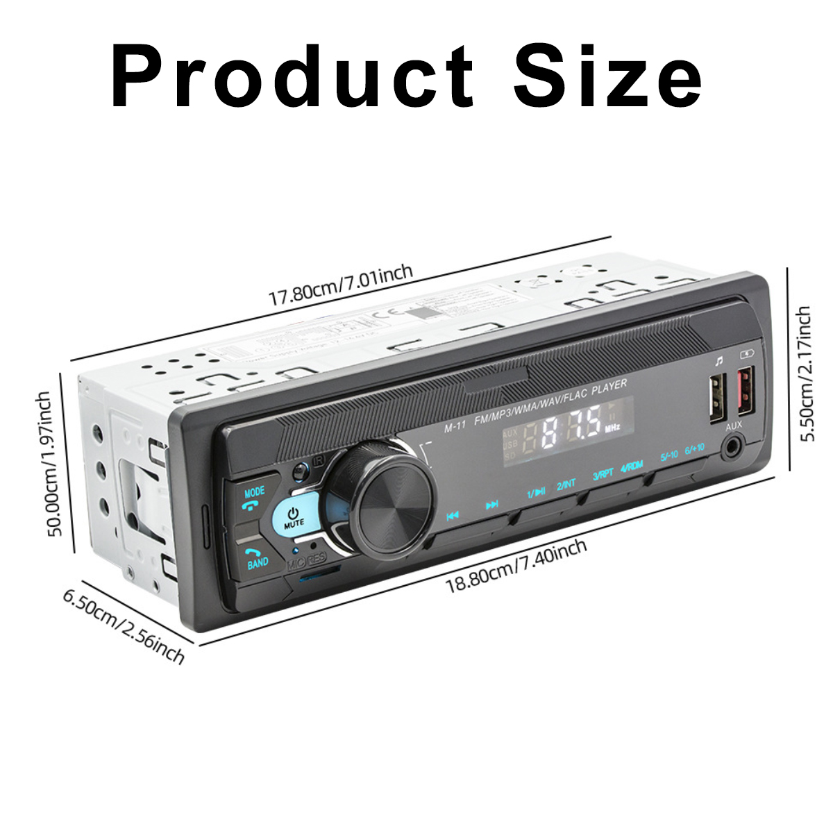 Autoradio mit angezeigten Abmessungen. Hat eine schwarze Front, Digitalanzeige, USB-Anschlüsse und Tasten. Produktgröße steht oben.