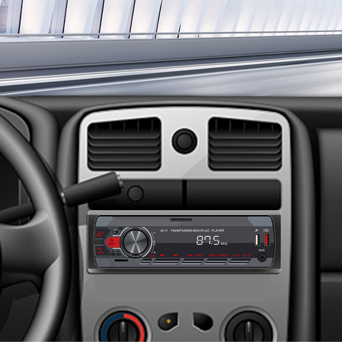 Auto-Innenraum. Zeigt ein Radio, Lenkrad und Armaturenbrett. Das Radio zeigt 87,5 MHz an. Der Hintergrund zeigt eine Autobahn.