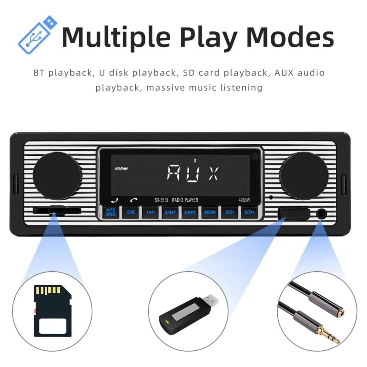 Autoradio mit Wiedergabemodi: BT, U-Disk, SD-Karte und AUX. Mit Tasten, Display und Anschlüssen für verschiedene Geräte.