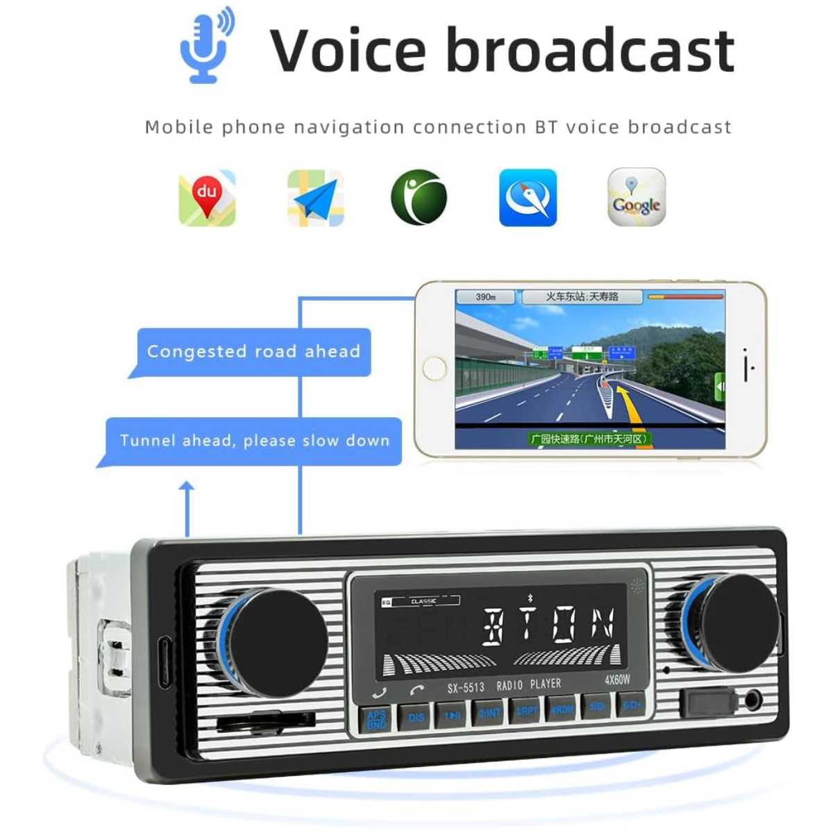 Autoradio mit Telefon, das eine Navigationskarte und Verkehrswarnungen zeigt. Text: 'Voice broadcast' und 'Congested road ahead'.