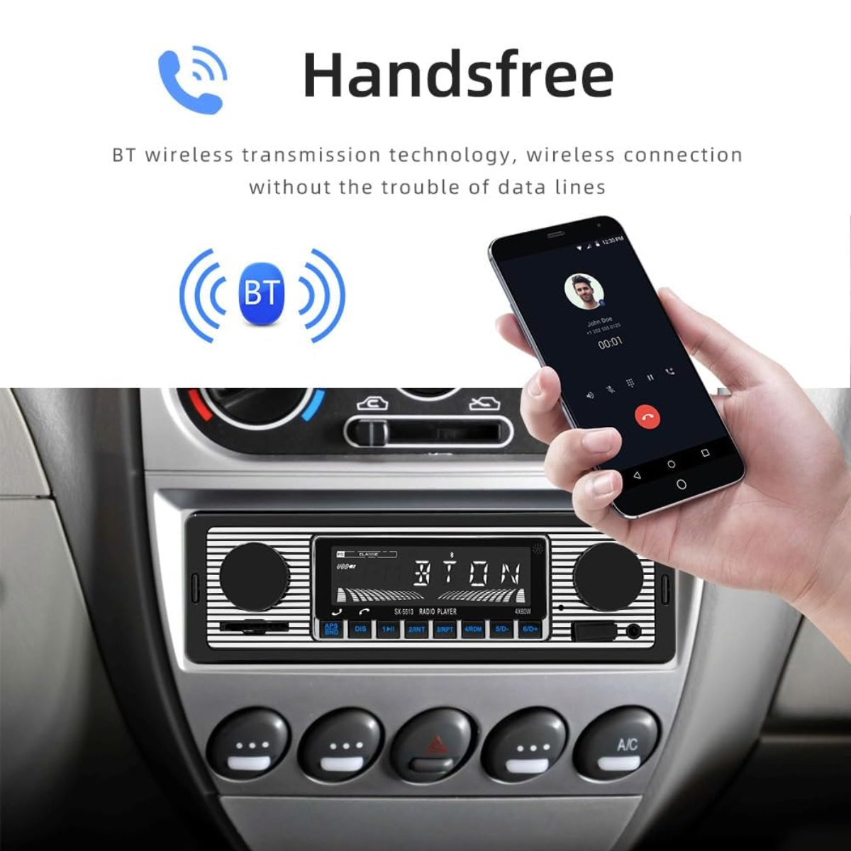 Autoradio mit Telefon in der Hand. Das Telefon zeigt einen Anrufbildschirm an. Bluetooth-Symbol und Text 'Handsfree' sind sichtbar.