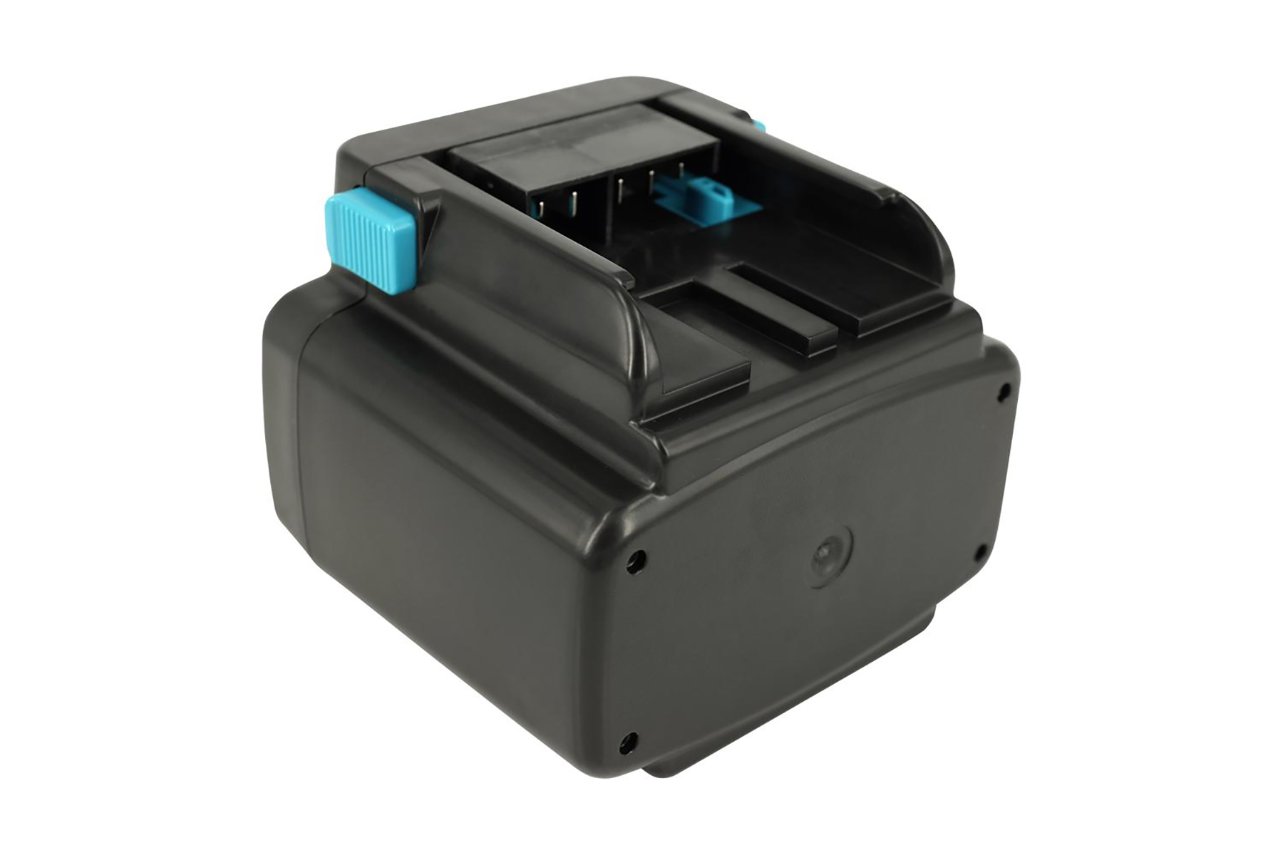 Batteria nera per utensili elettrici con accenti blu. La batteria è rettangolare con una parte superiore incassata e pulsanti di rilascio blu.