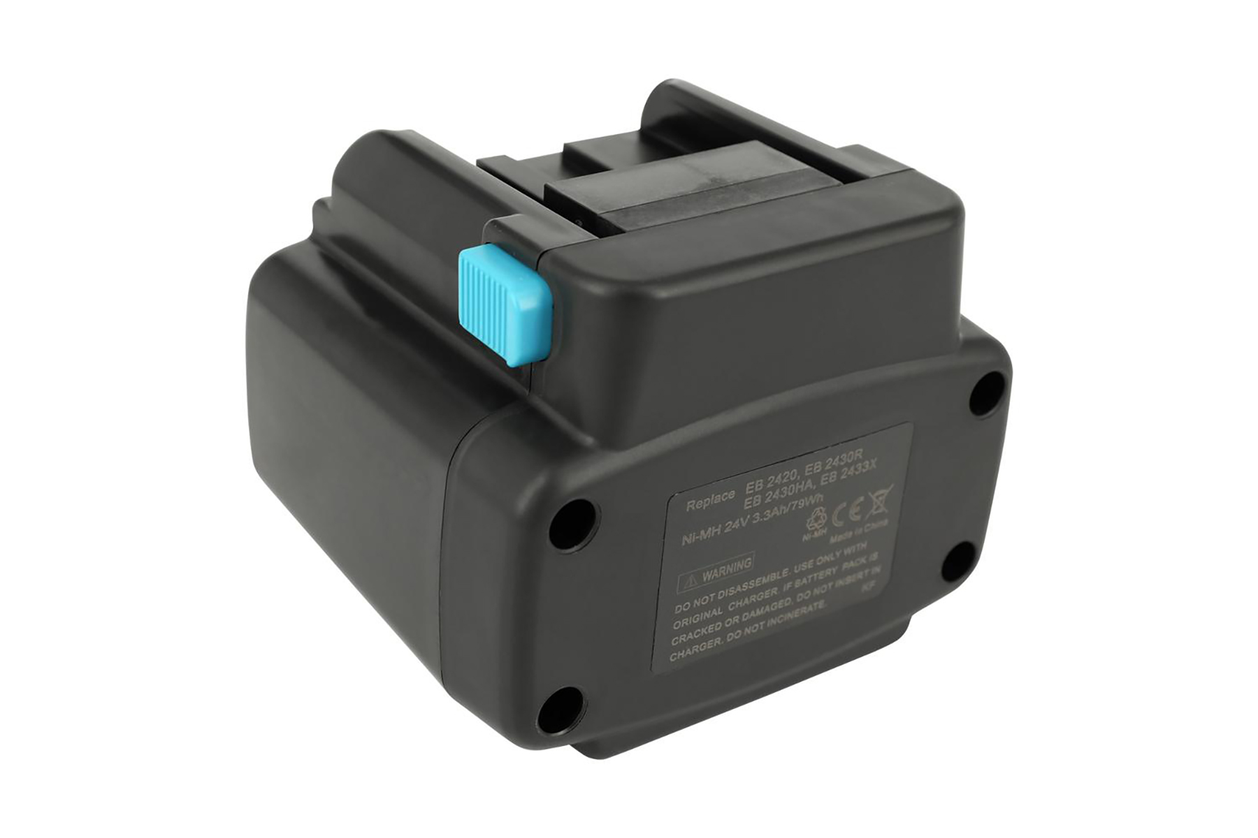 Batteria nera per utensili elettrici con pulsante blu. Il testo include avvertenze e specifiche.