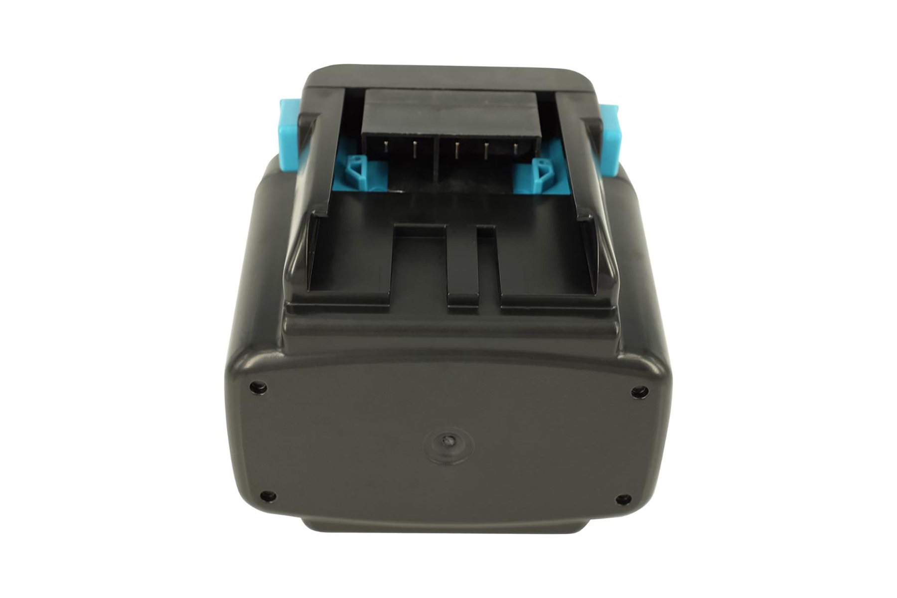 Una batteria nera e verde acqua per utensili elettrici è mostrata su sfondo bianco. La batteria ha una forma rettangolare.
