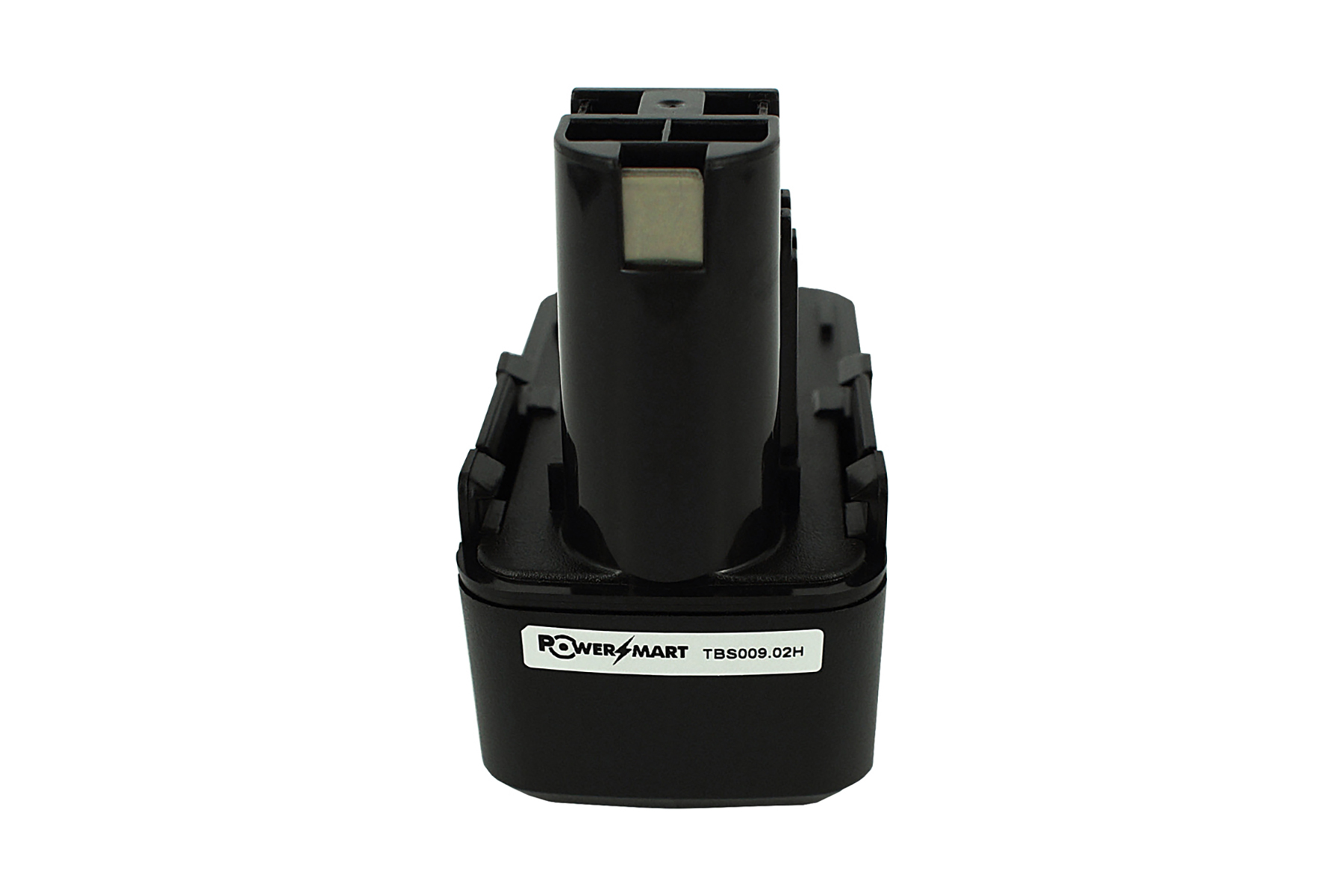 Batteria PowerSmart nera su sfondo bianco. Ha una base rettangolare con etichetta e una parte superiore alta e dentellata.