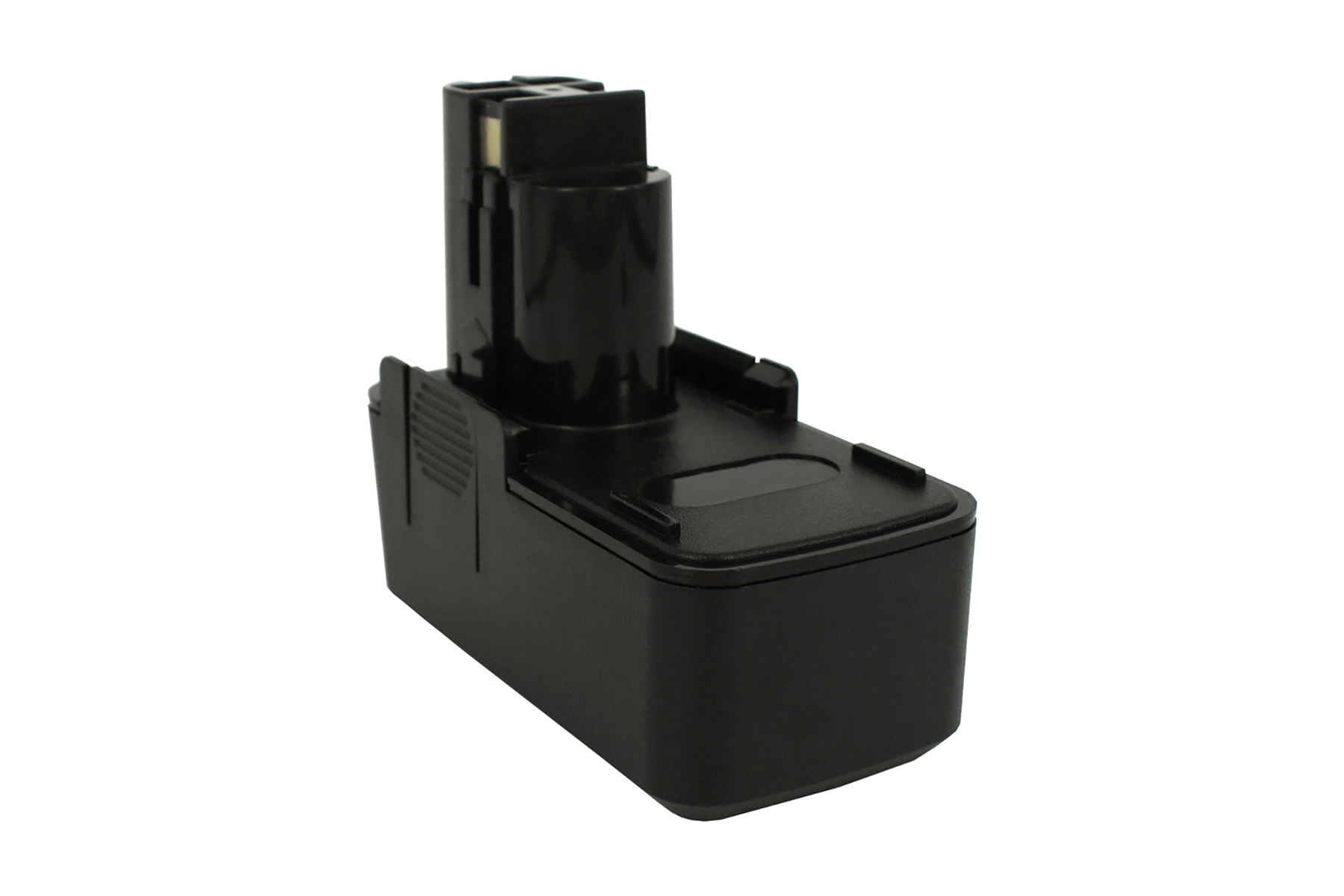 Una batteria nera per utensili elettrici su sfondo bianco. La batteria ha una base rettangolare e una parte superiore cilindrica.