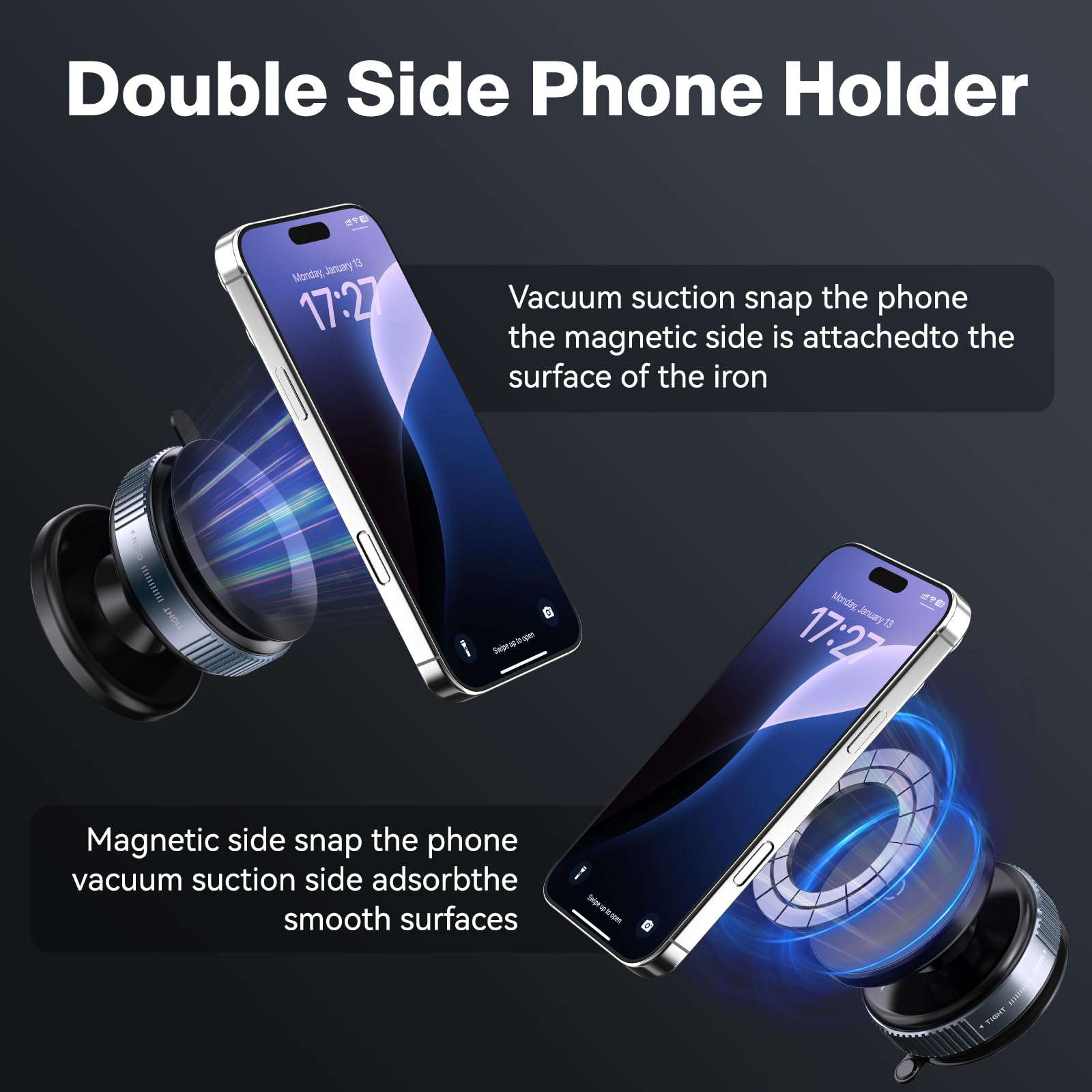 Zwei Telefone mit magnetischen Haltern. Ein Telefon ist an einer Metalloberfläche befestigt, das andere auf einer glatten Oberfläche.