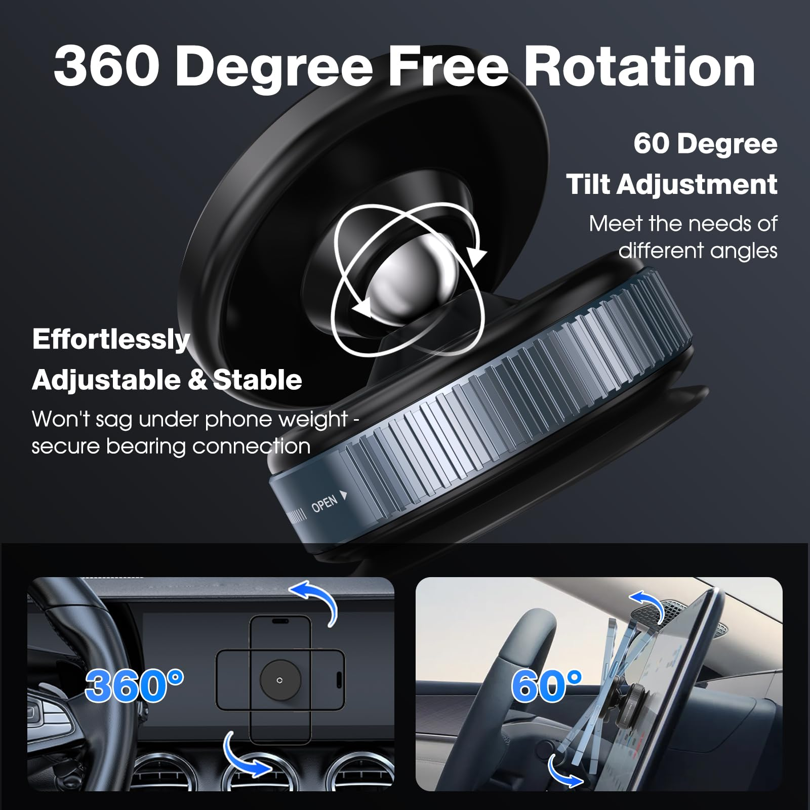 Ein Telefonhalter mit 360-Grad-Drehung und 60-Grad-Neigungsverstellung, dargestellt in einem Auto, mit Textbeschriftungen.