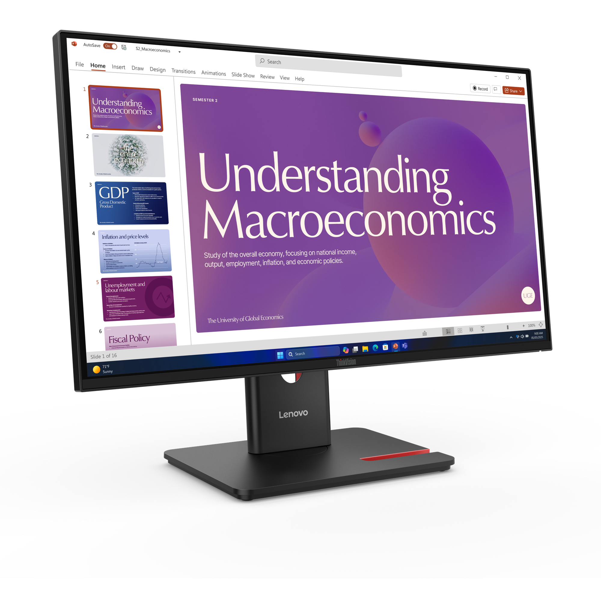 Monitor komputera wyświetla prezentację zatytułowaną 'Understanding Macroeconomics'. Monitor stoi na czarnym stojaku z czerwonym akcentem.