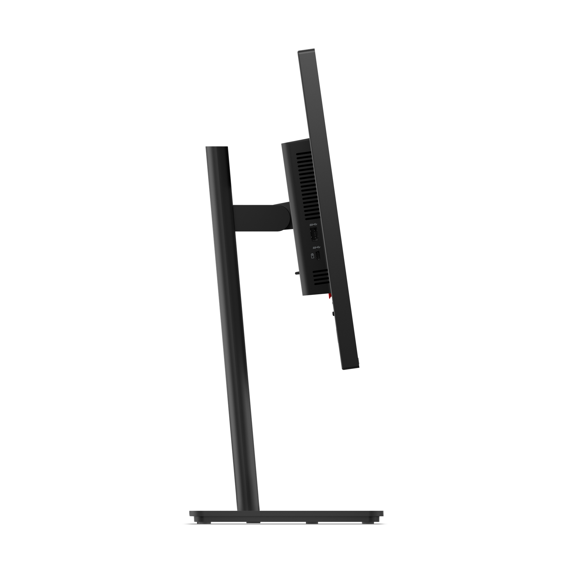 Czarny monitor komputera jest widziany z boku, pokazując stojak, porty i ekran. Tło jest białe.
