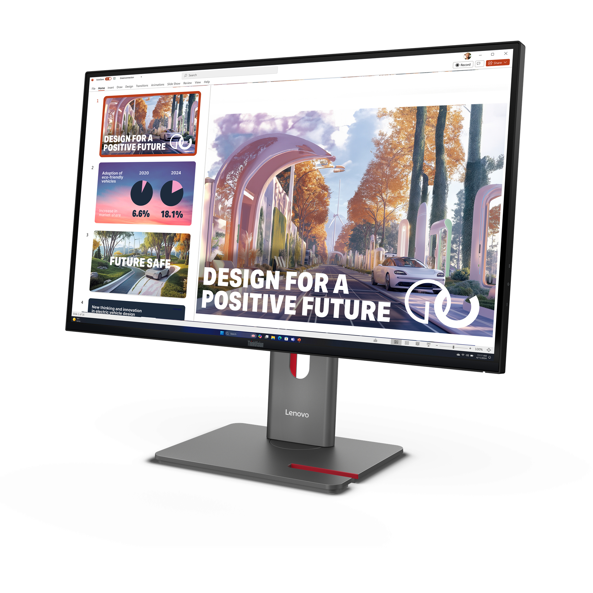 Un monitor Lenovo muestra una presentación sobre un futuro positivo, con un coche, una carretera con árboles y gráficos.