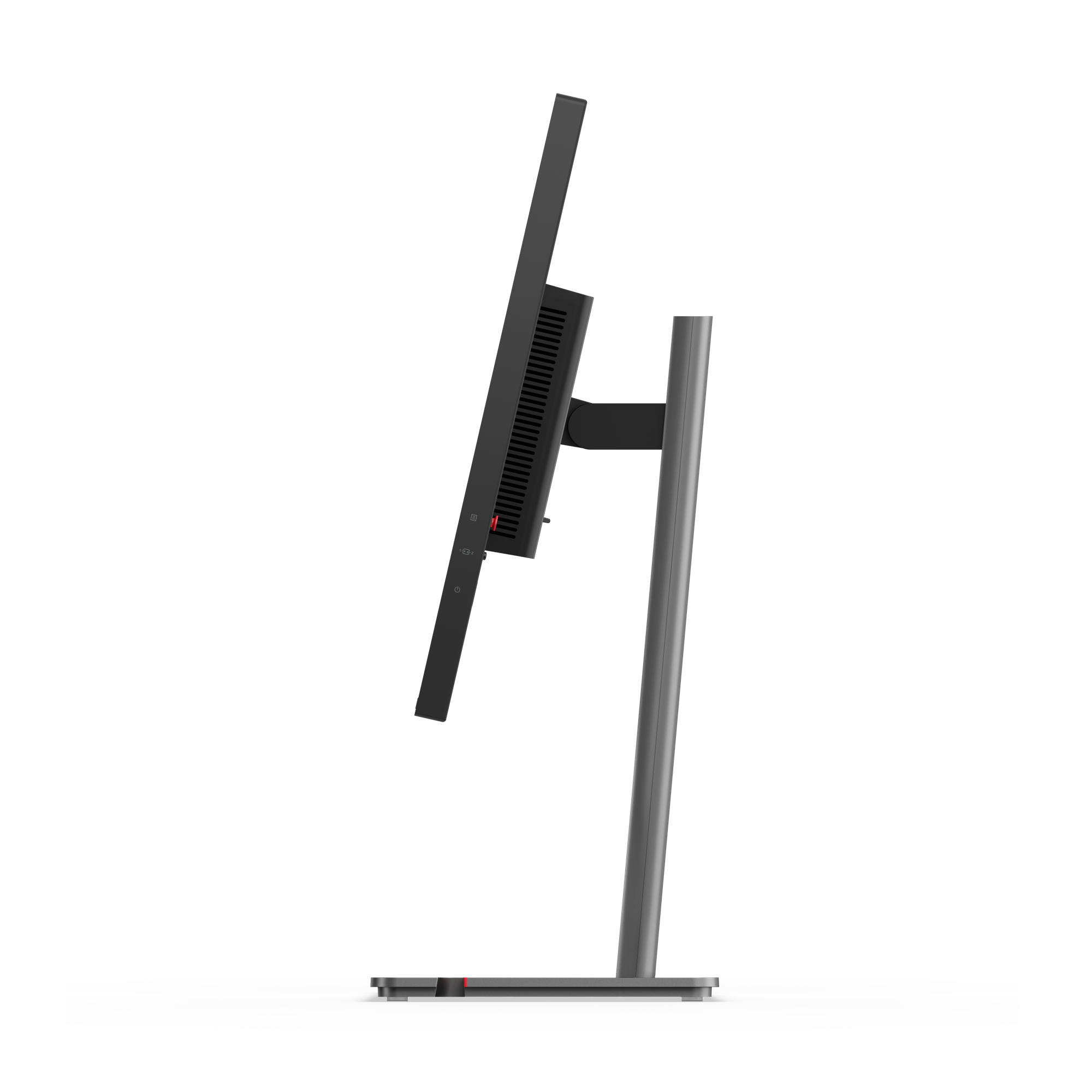 Widok z boku czarnego monitora komputera, lekko pochylonego, zamontowanego na szarej podstawie. Białe tło.