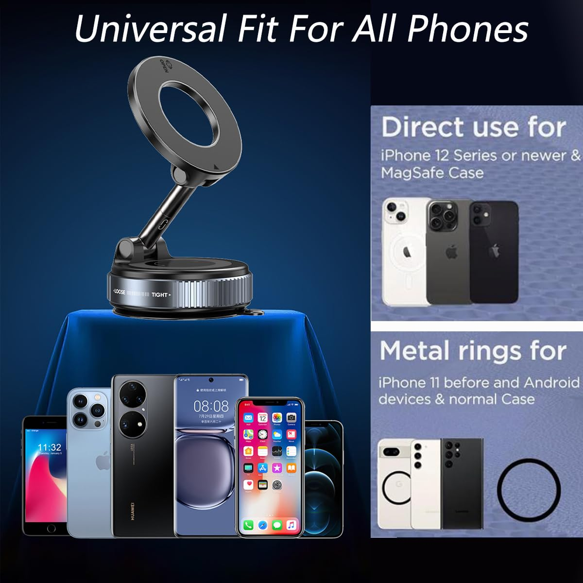 Ein Telefonhalter mit Magnetring wird gezeigt. Das Bild wirbt für universelle Telefonpassform. Verschiedene Telefone sind im Bild.