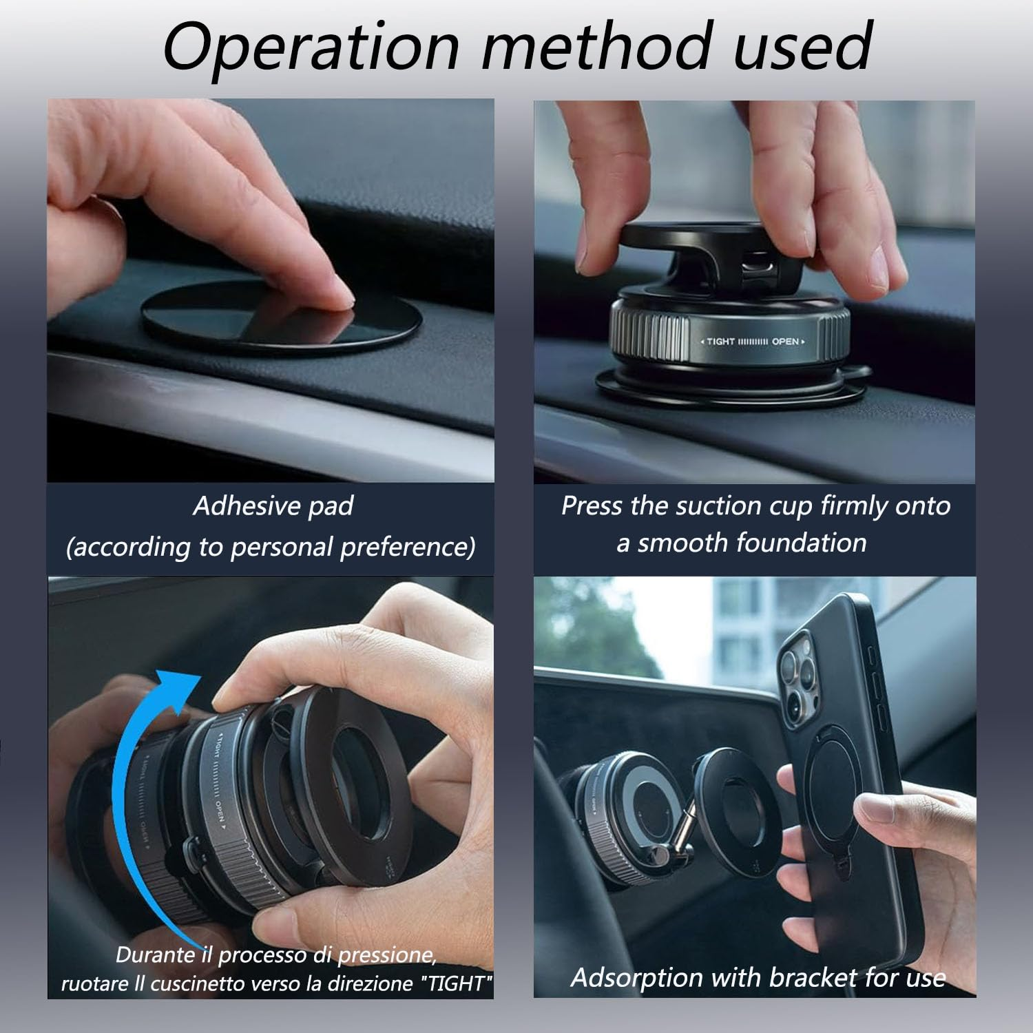 Anleitung zur Verwendung einer Autotelefonhalterung. Beinhaltet Schritte mit Klebepad, Saugnapf, Drehen der Halterung und Verwendung der Halterung.