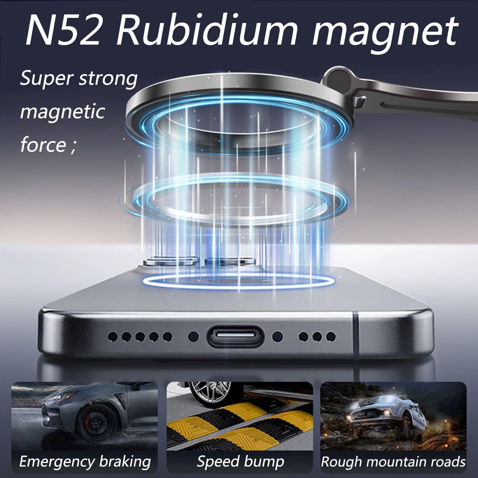 Bild zeigt ein Telefon mit einem magnetischen Gerät. Text: N52 Rubidium-Magnet, superstarke Magnetkraft. Auto-Bilder.