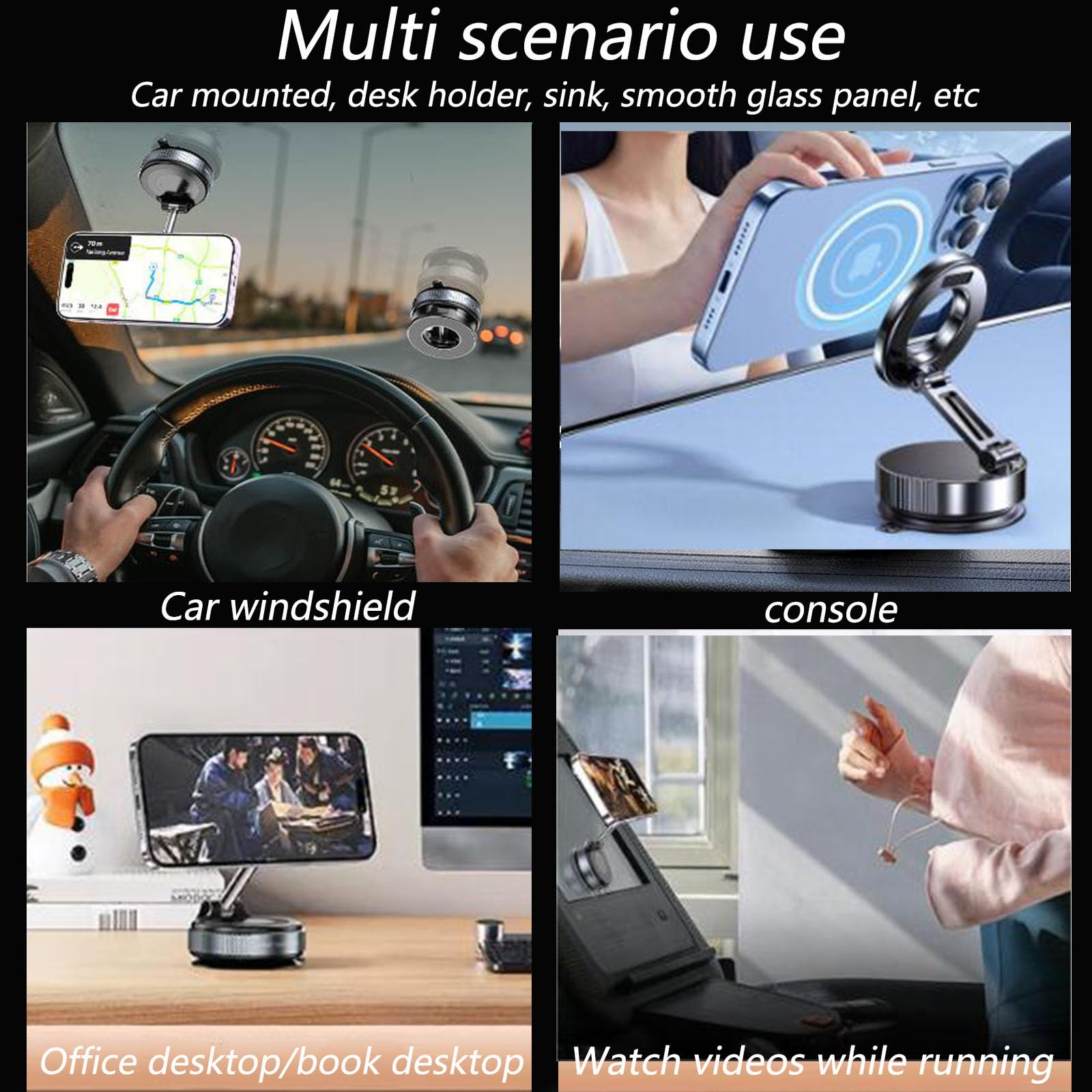 Das Bild zeigt Telefonhalter in verschiedenen Kontexten: Auto, Schreibtisch und Laufband. Jedes Setup zeigt ein Telefon mit einem Video oder einer App.