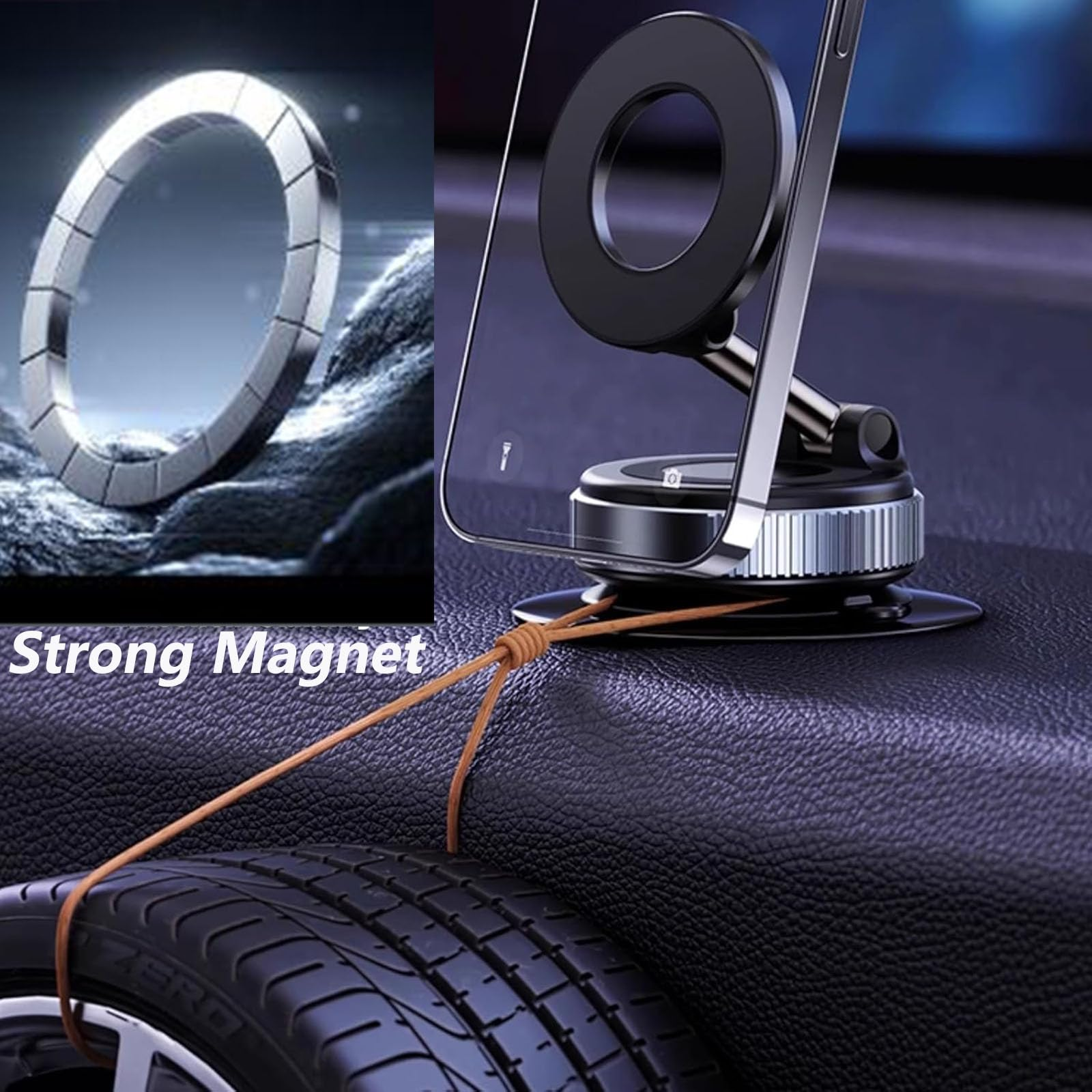 Ein Autotelefonhalter mit Magnetring und isoliertem Ring. Der Reifenboden ist sichtbar.