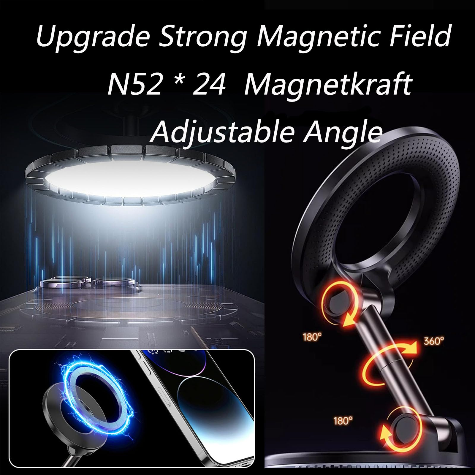 Schwarzer magnetischer Telefonhalter mit einstellbaren Winkeln. Produkttext: Upgrade Strong Magnetic Field.