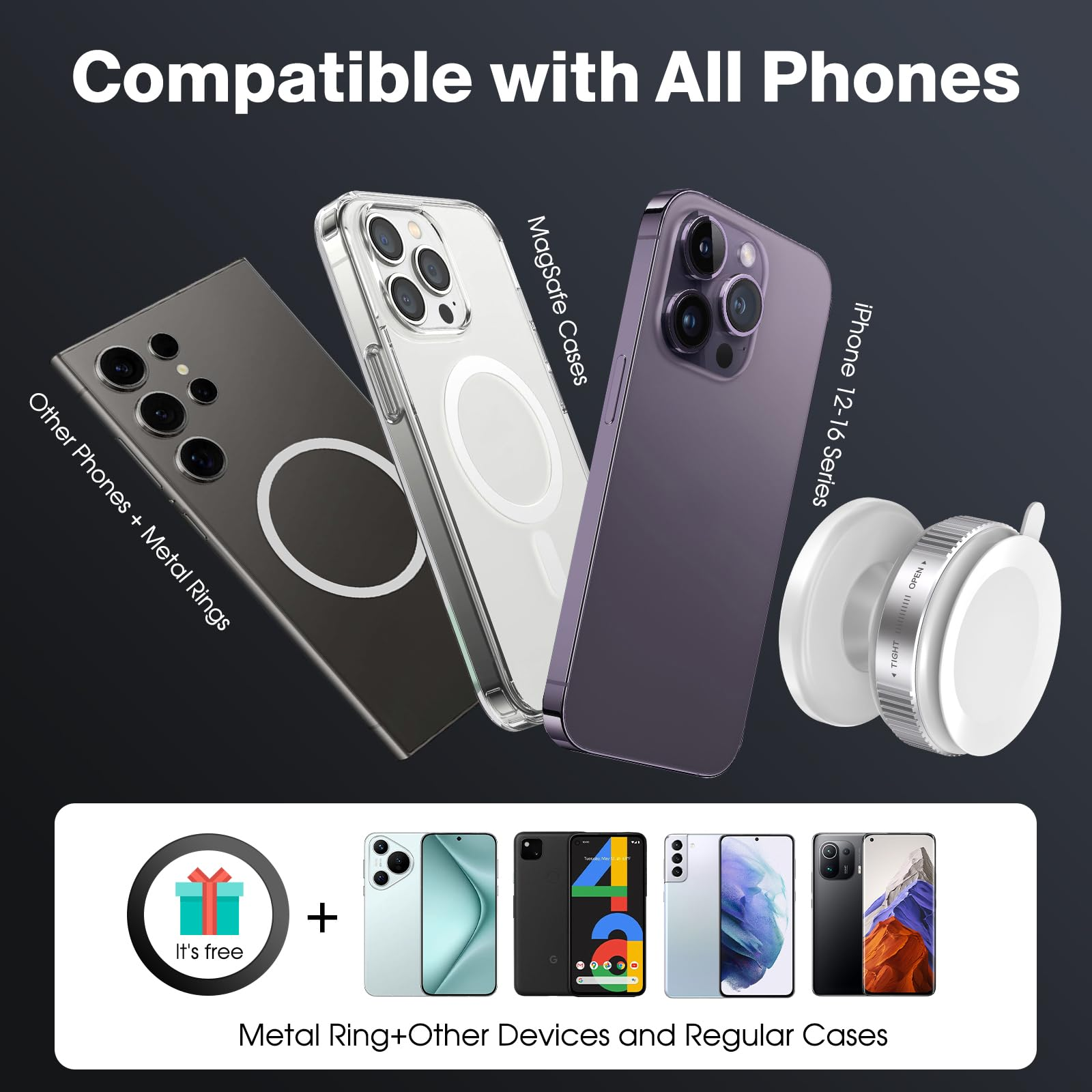 Das Bild zeigt Telefone und Hüllen. Enthält ein Geschenk-Symbol, iPhone und andere Telefonmodelle. Text: Kompatibel mit allen Telefonen, Metallring+andere Geräte.