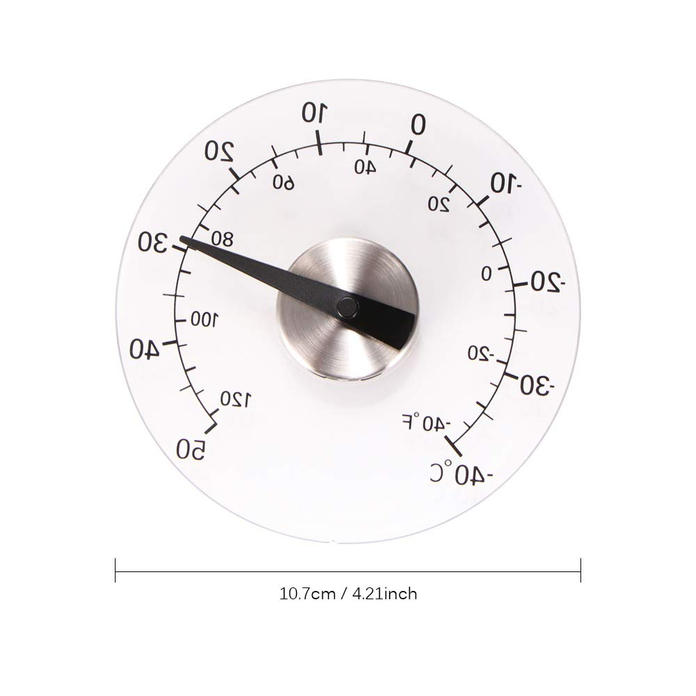 Ein kreisförmiges Thermometer. Der schwarze Zeiger zeigt auf 8 Grad. Die Skala zeigt -40 bis 50 Grad Celsius.