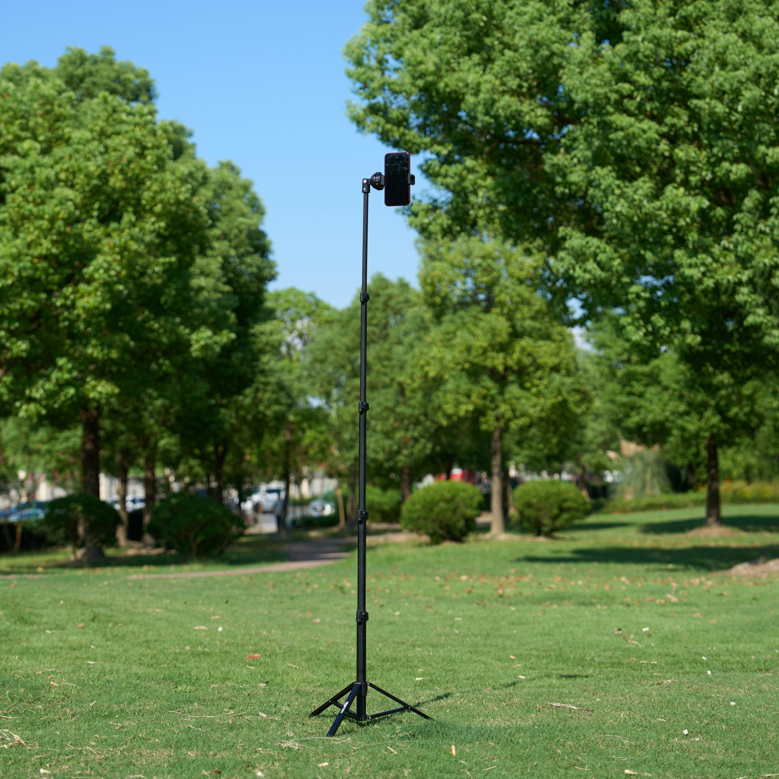 Uno smartphone è montato su un treppiede nero in un parco. Alberi verdi ed erba sullo sfondo, cielo blu chiaro.