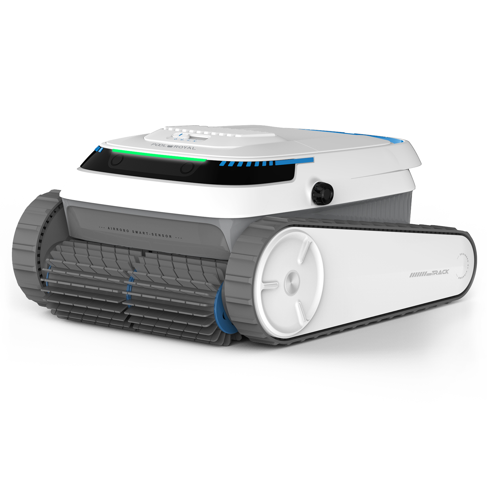 Weiß-grauer Roboter-Poolreiniger. Er hat Ketten, Sensoren und ein Bedienfeld. Blaue und grüne Akzente.