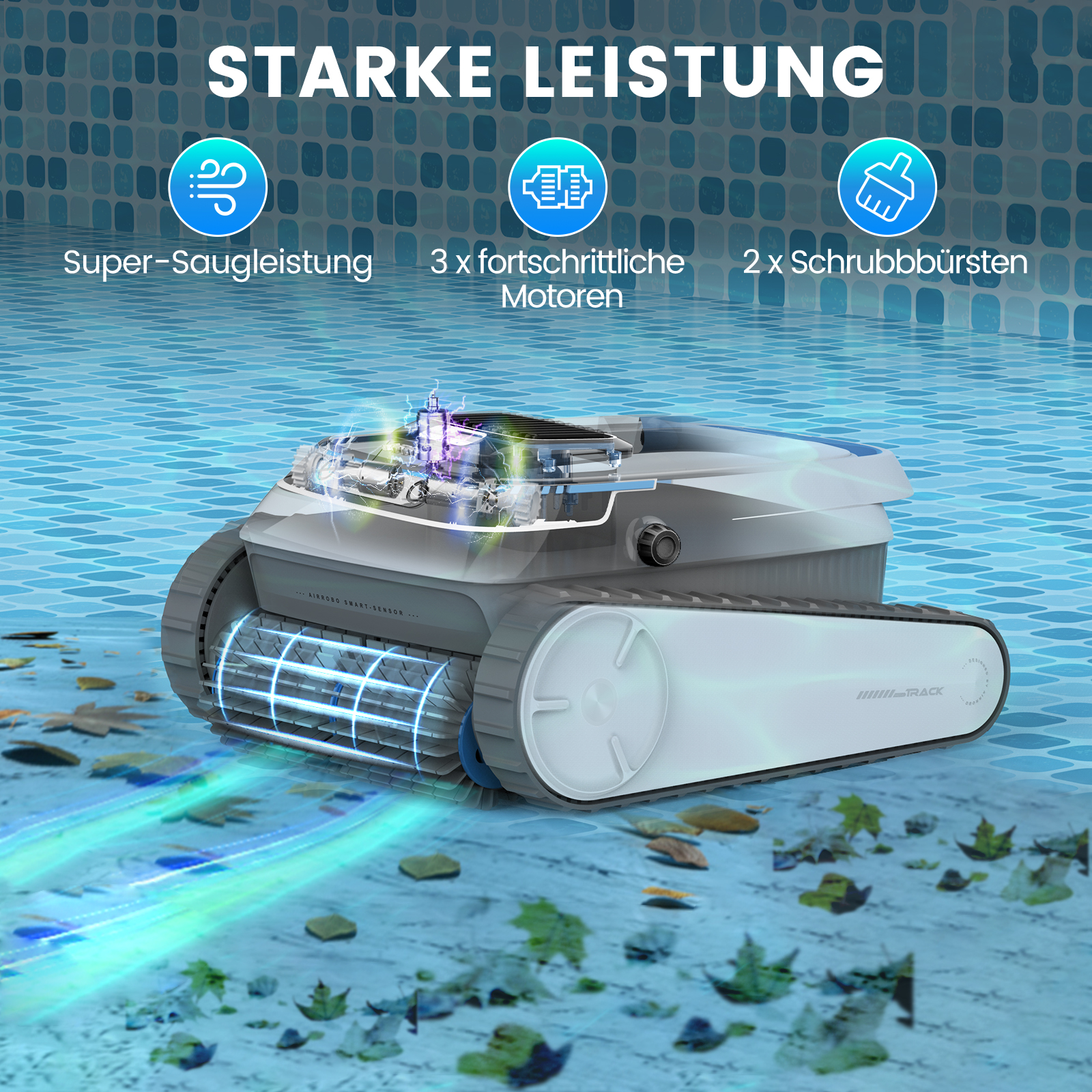 Ein Poolreinigungsroboter in einem Pool. Das Bild hat Text: Super-Saugleistung, 3 Motoren und 2 Bürsten. Der Roboter ist grauweiß.
