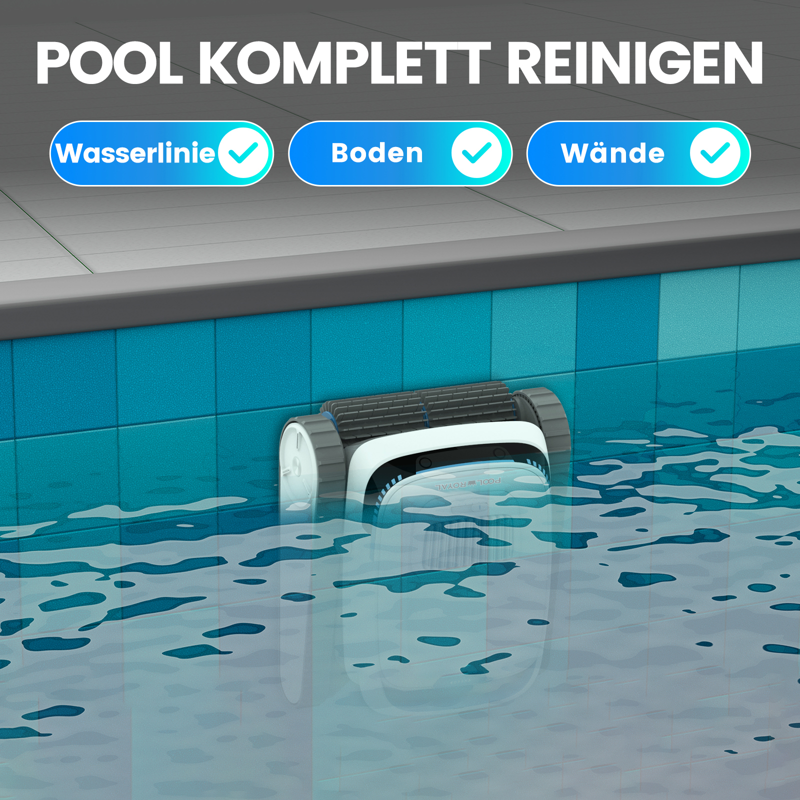 Ein Poolreiniger arbeitet in einem Pool. Der Pool hat blaue Fliesen. Der Text oben lautet 'POOL KOMPLETT REINIGEN' (Poolreinigung).