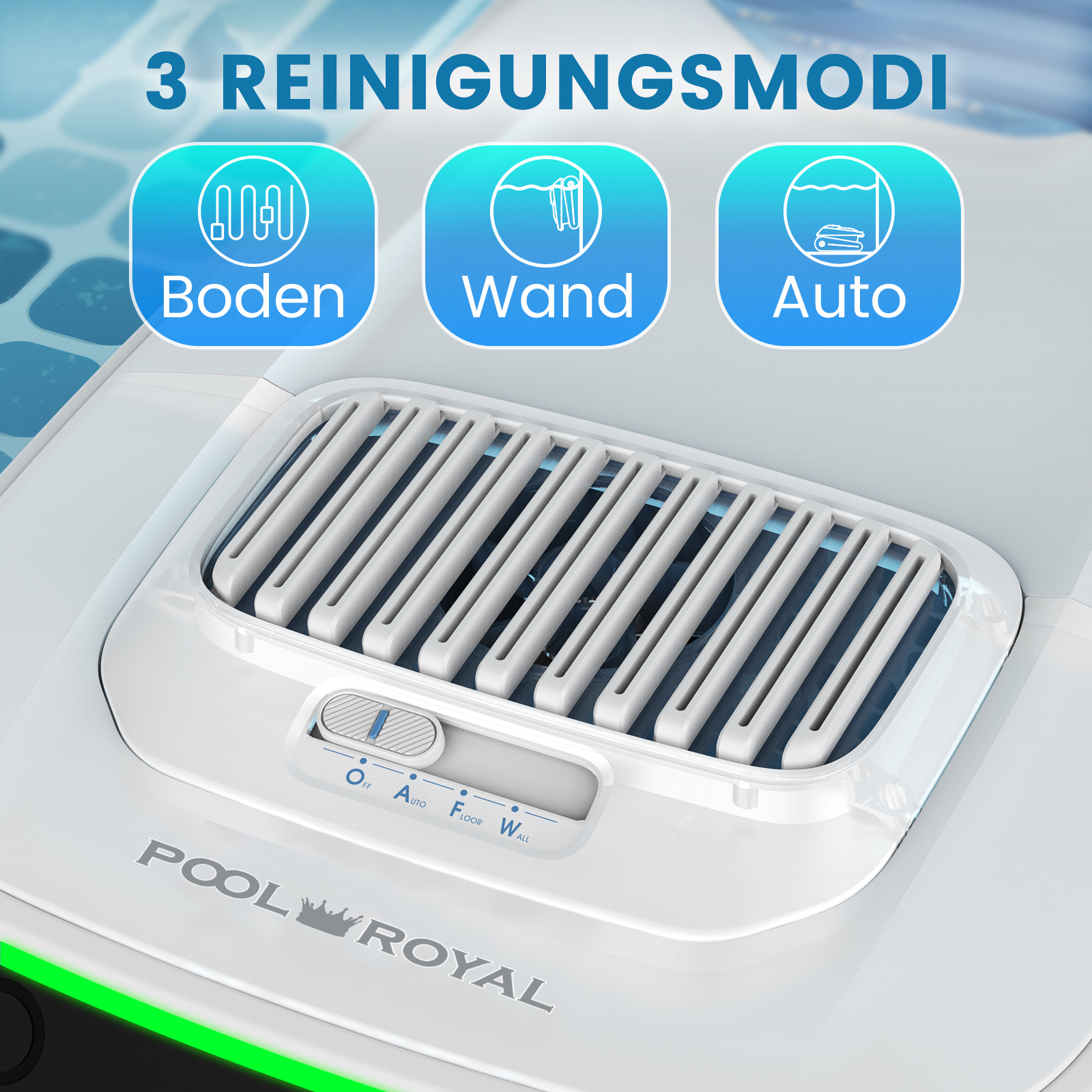 Weißes Gerät mit Reinigungsmodi: Boden, Wand, Auto. Es hat eine Lüftung und ein Bedienfeld mit Pool Royal Logo.